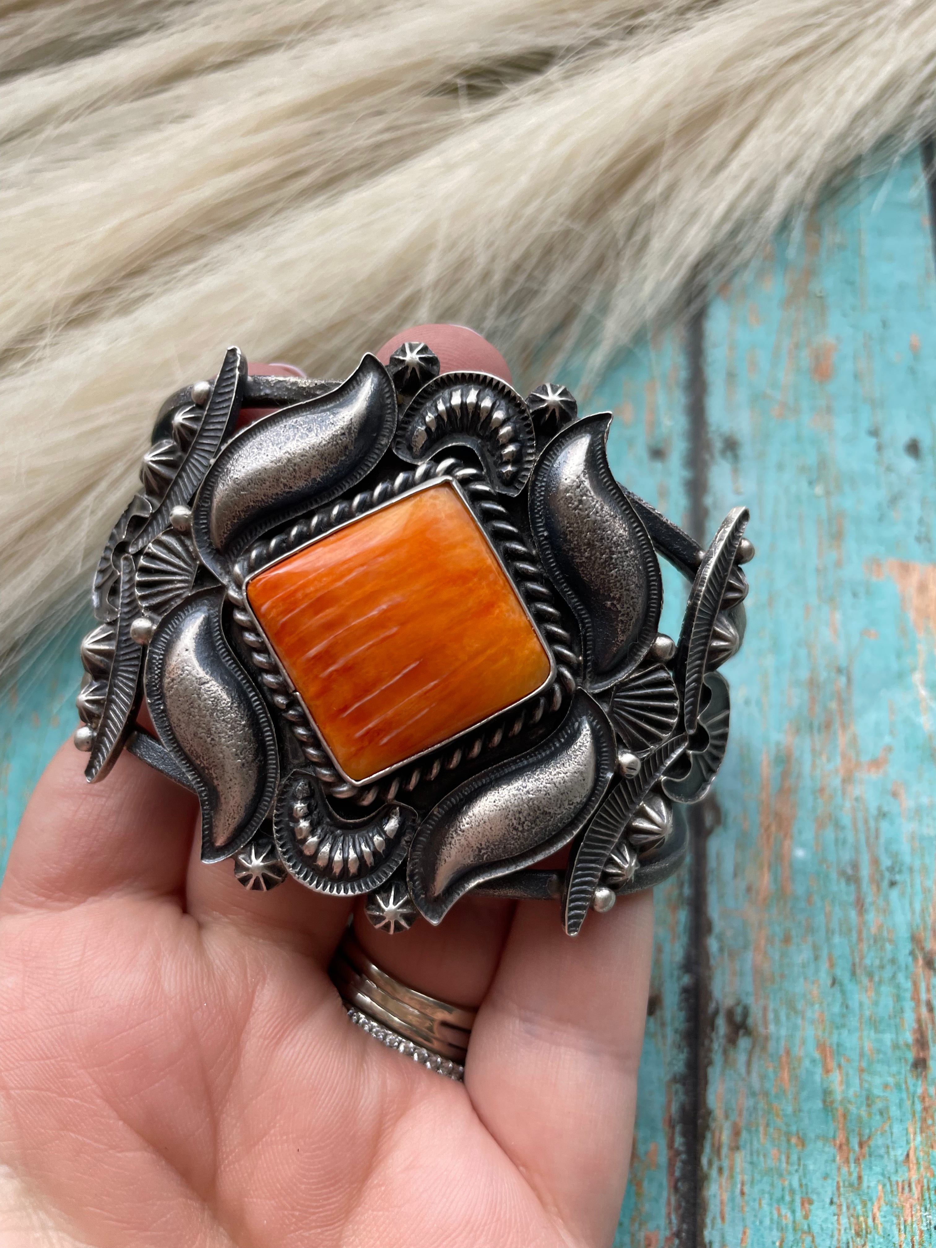 Navajo Orange Spiny Sterling Silver Cuff Bracelet Signed Kevin Billah /