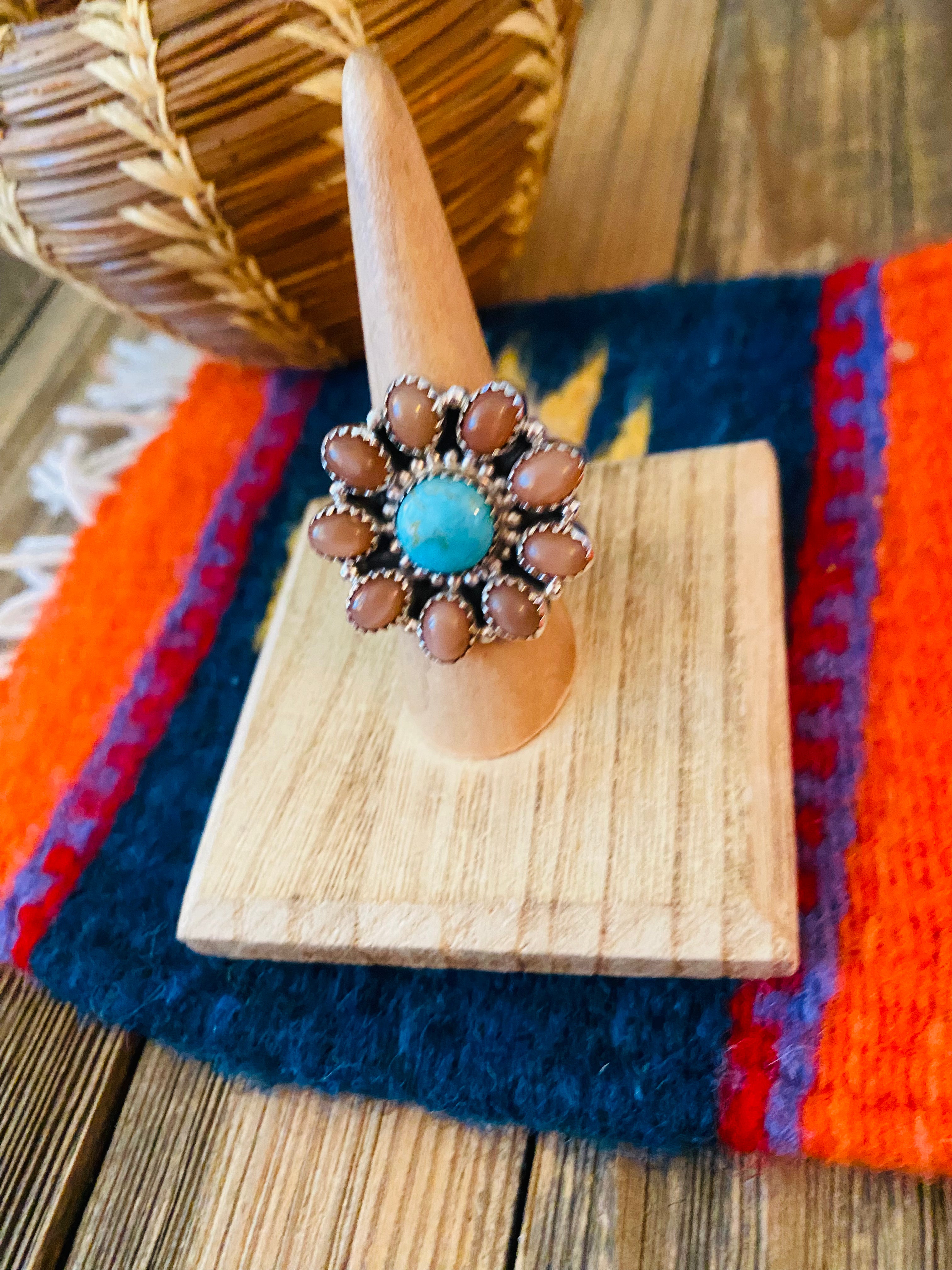 Handmade Sterling Silver, Mother of Pearl & Turquoise Cluster Adjustable Ring