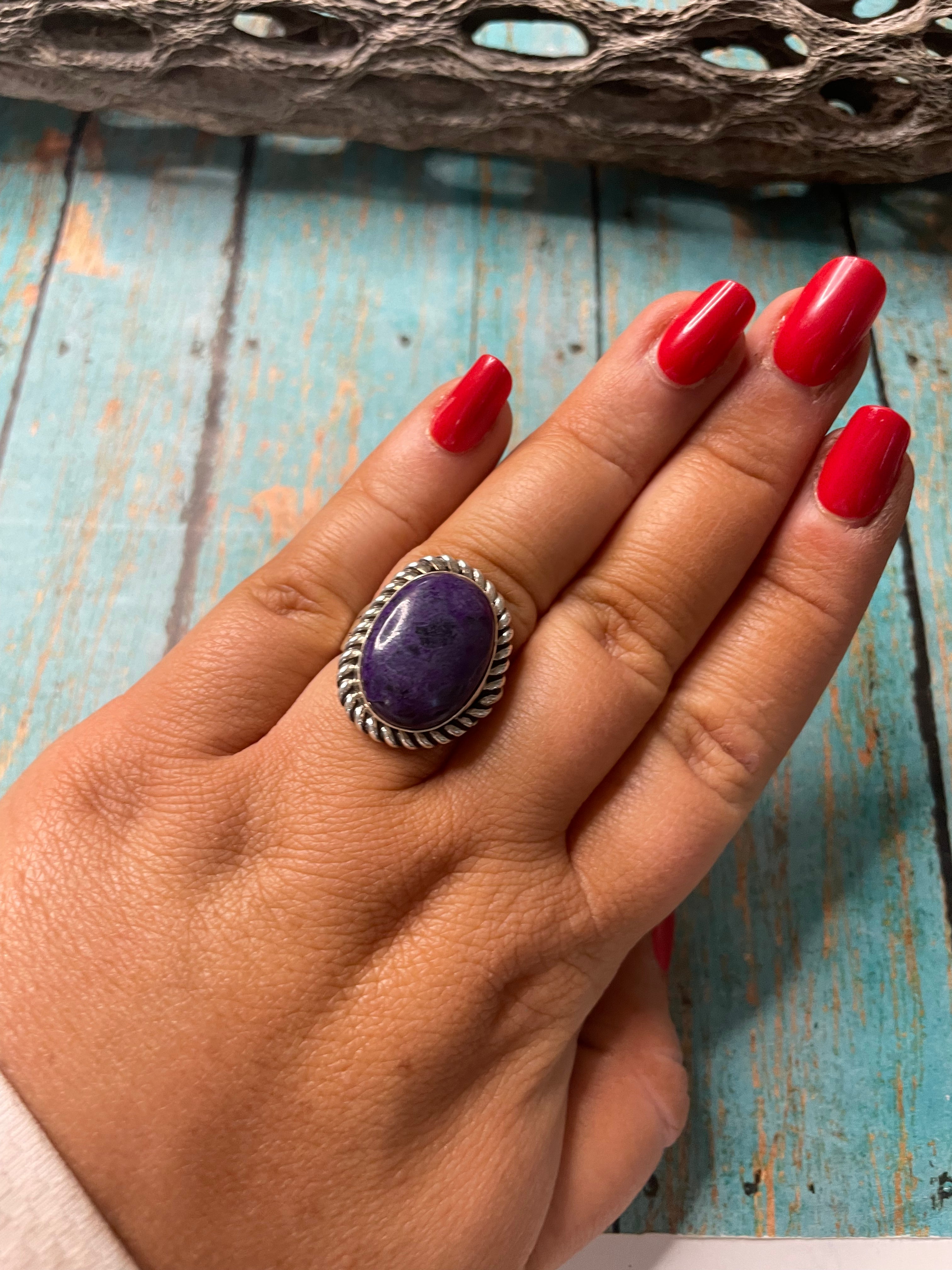 Old Pawn Navajo Sterling Silver & Charorite Ring Size 7.5