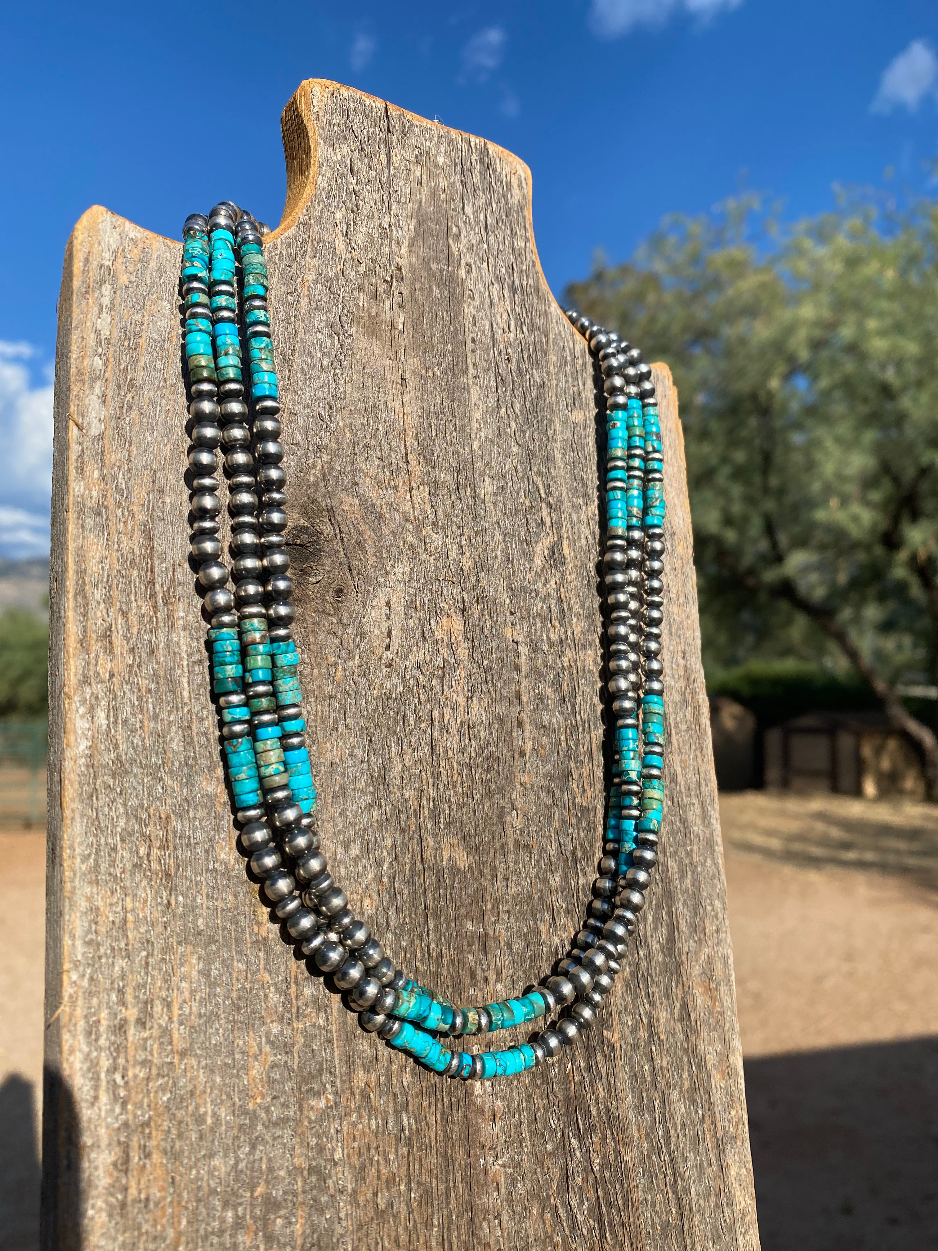 Handcrafted 3 Strand Kingman Turquoise & Sterling Beaded 18 inches