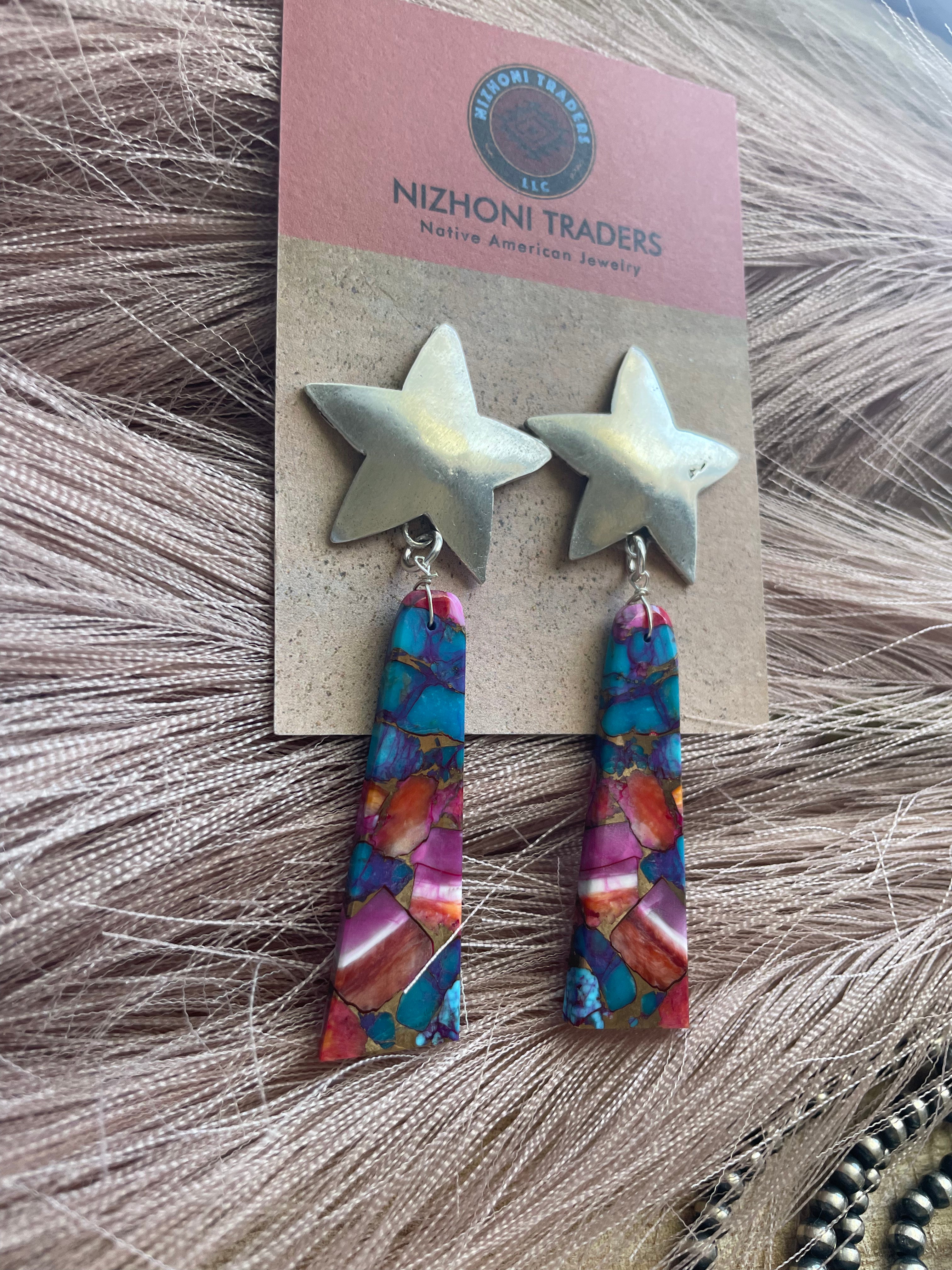 Handcrafted Sterling Silver & Pink Dream Slab Star Dangle Earrings