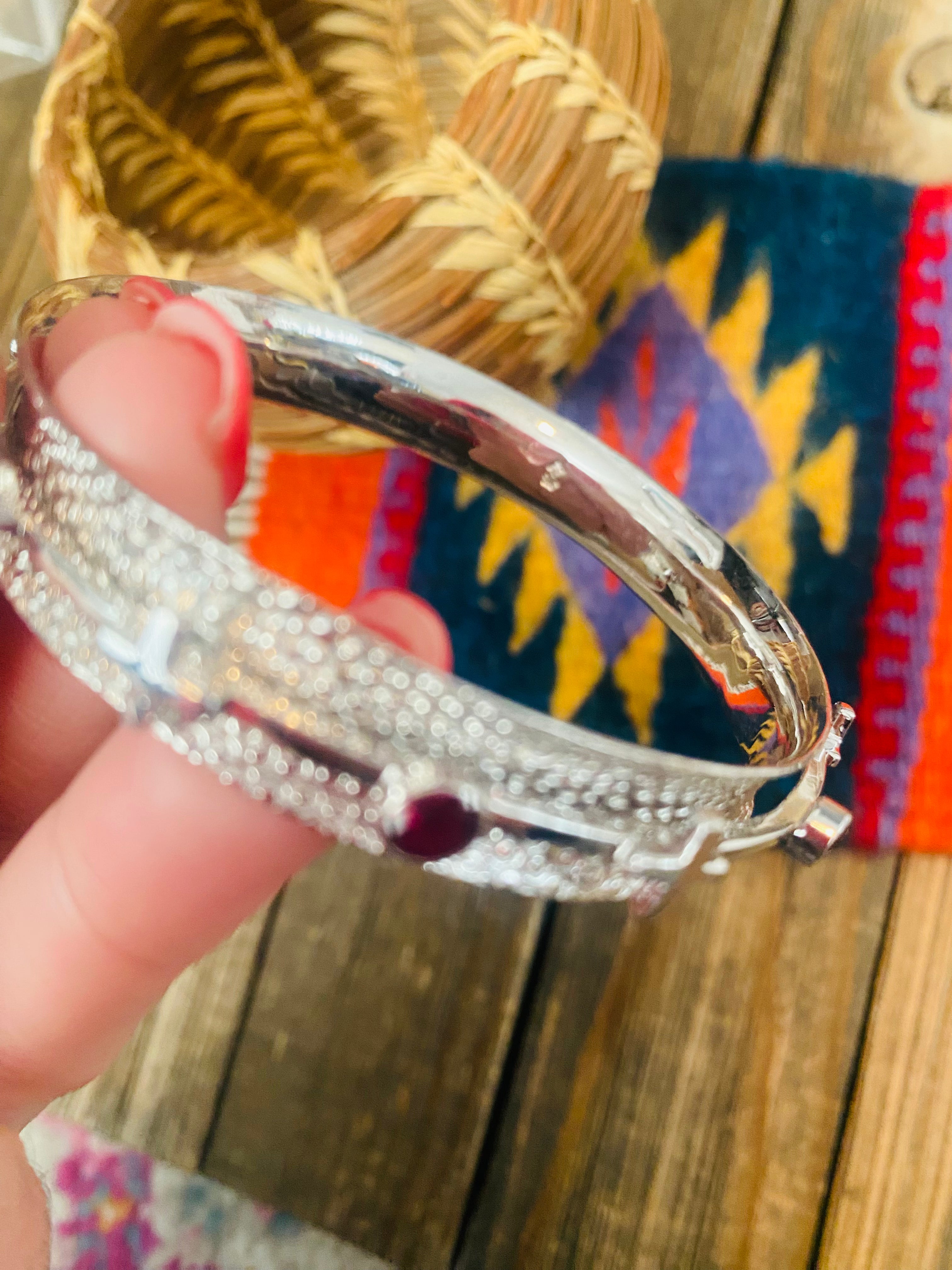 Navajo Sterling Silver & Topaz Bangle Bracelet Signed