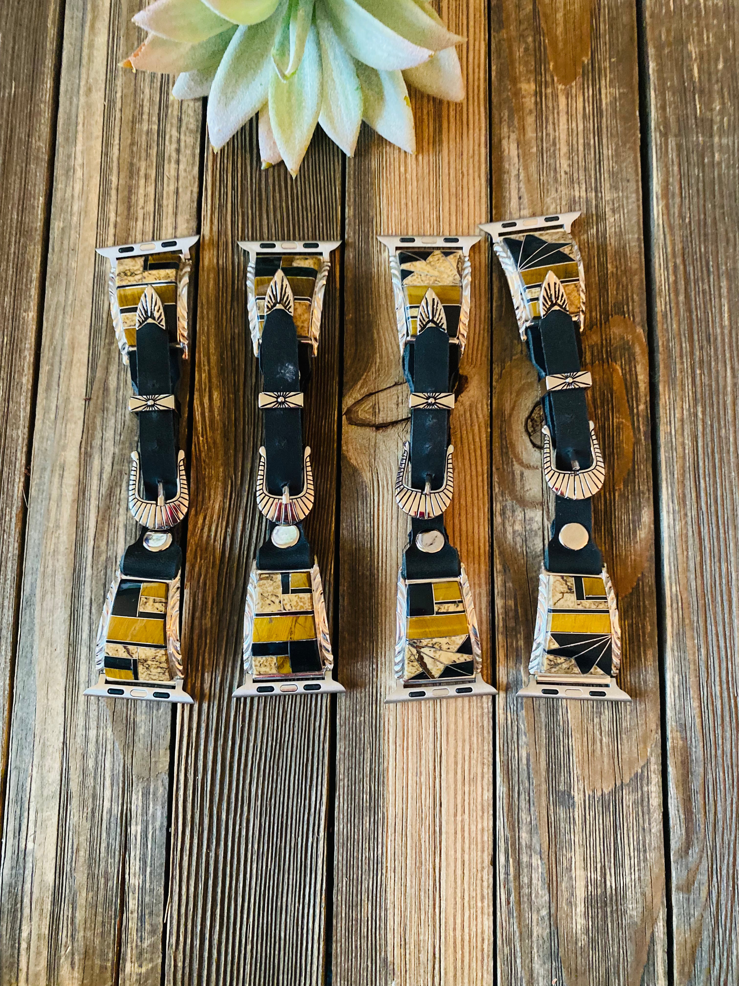 Handcrafted Multi Stone, Sterling Silver & Black Leather Smartphone Watch Band