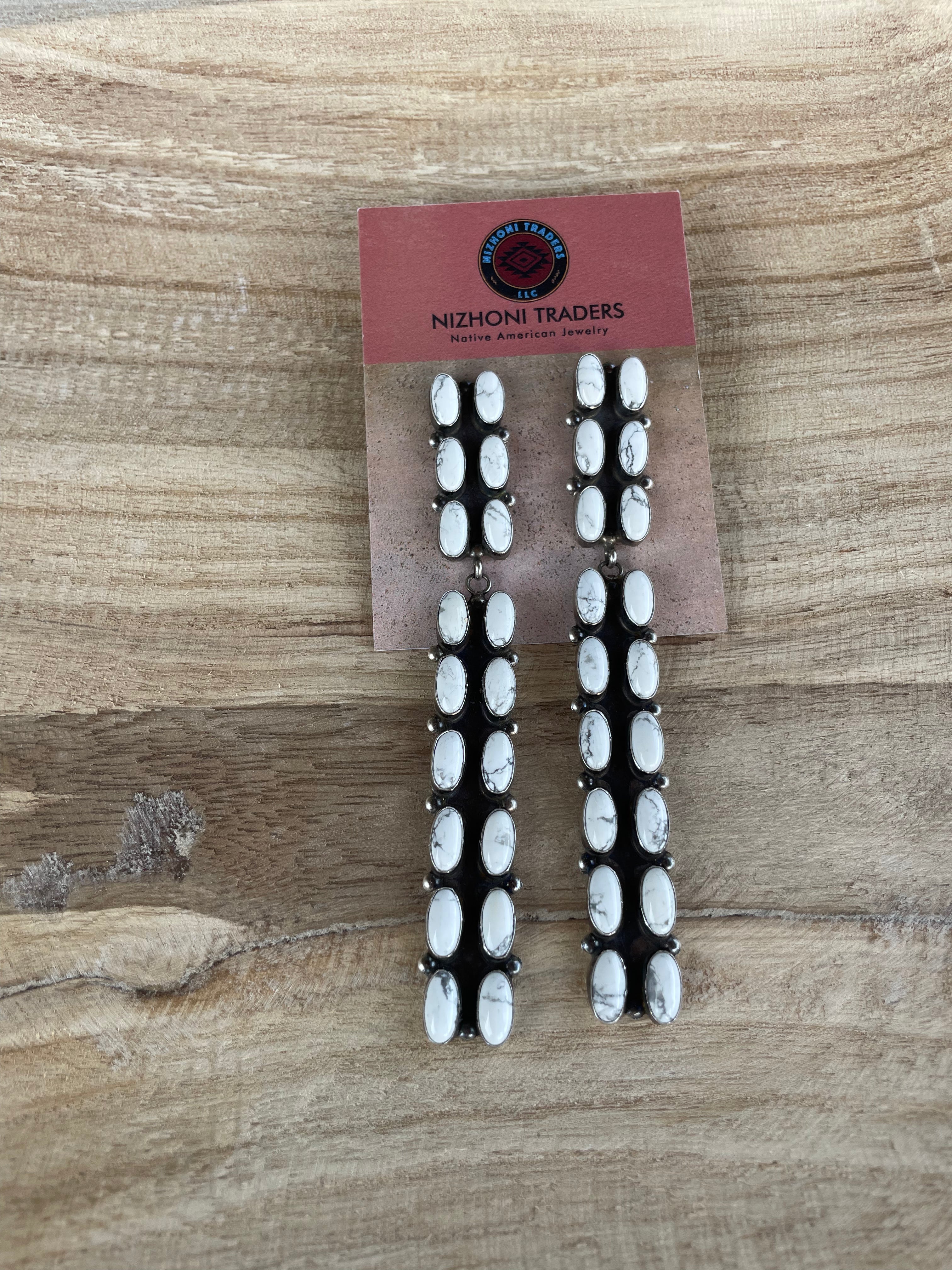 Handcrafted Jacqueline Silver White Buffalo & Sterling Silver Dangle Earrings Signed