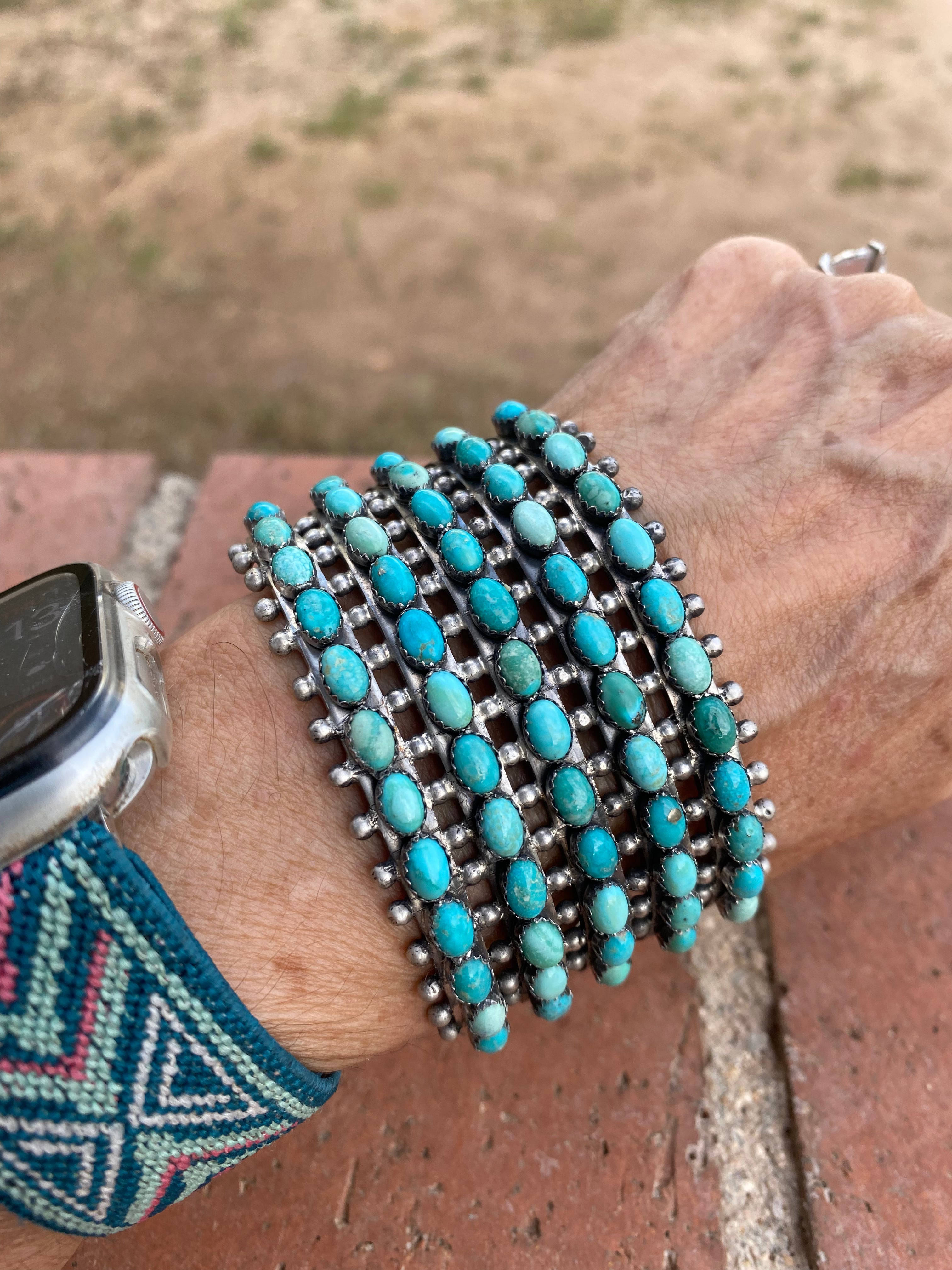Mark Yazzie Navajo Sterling Silver & Carico Lake Turquoise Cuff Bracelet Signed /