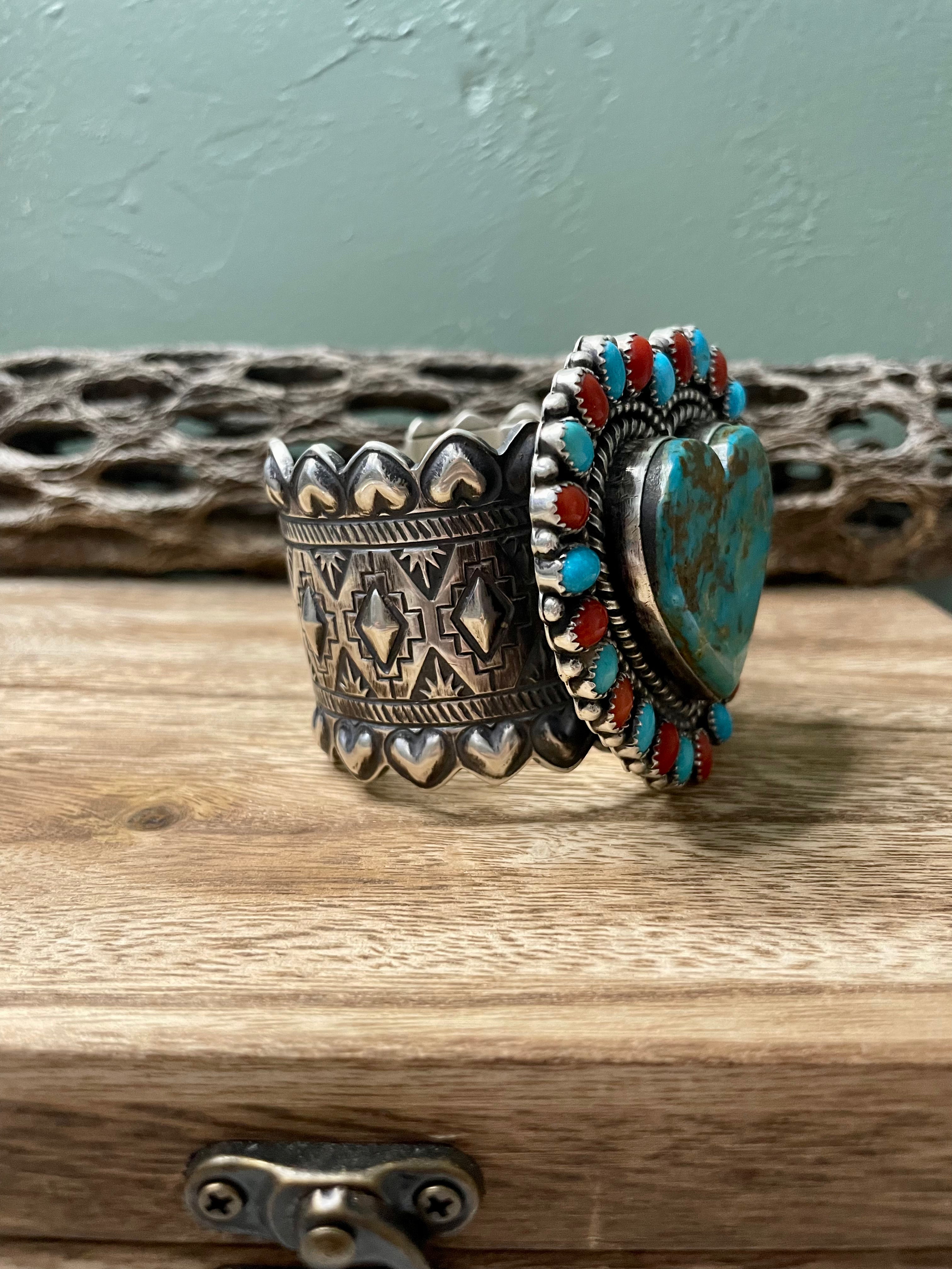 Navajo Sterling Heart Statement Turquoise And Natural Red Coral Bracelet Cuff Signed /