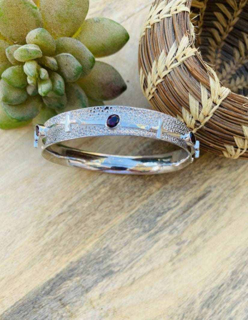 Handcrafted Red Garnet Cross Sterling Silver Bangle Signed