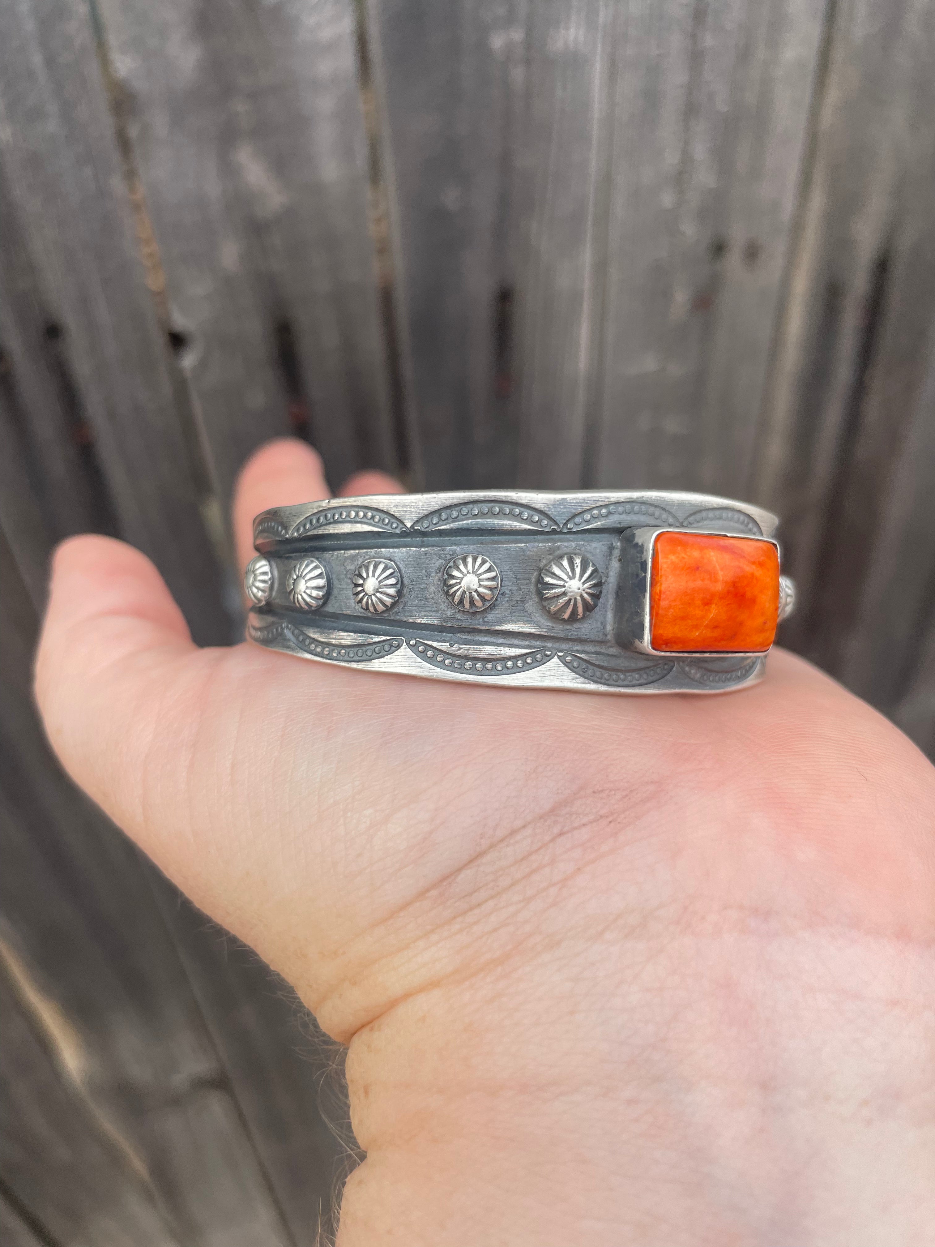 Handcrafted Sterling Silver & Orange Spiny Cuff Stamped And Signed By Chimney Butte