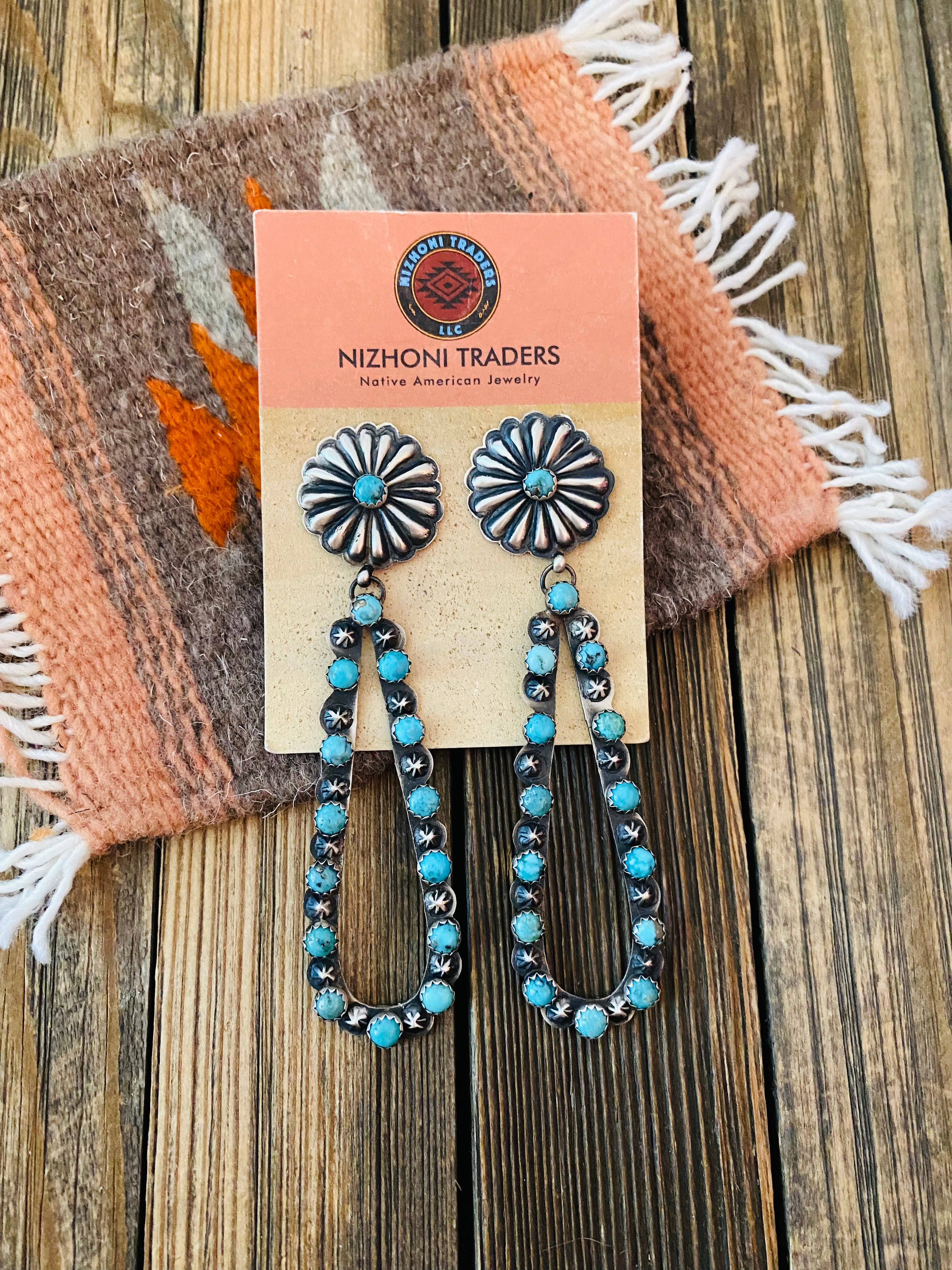 Handcrafted Sterling Silver & Turquoise Concho Dangle Earrings By Eugene Charley