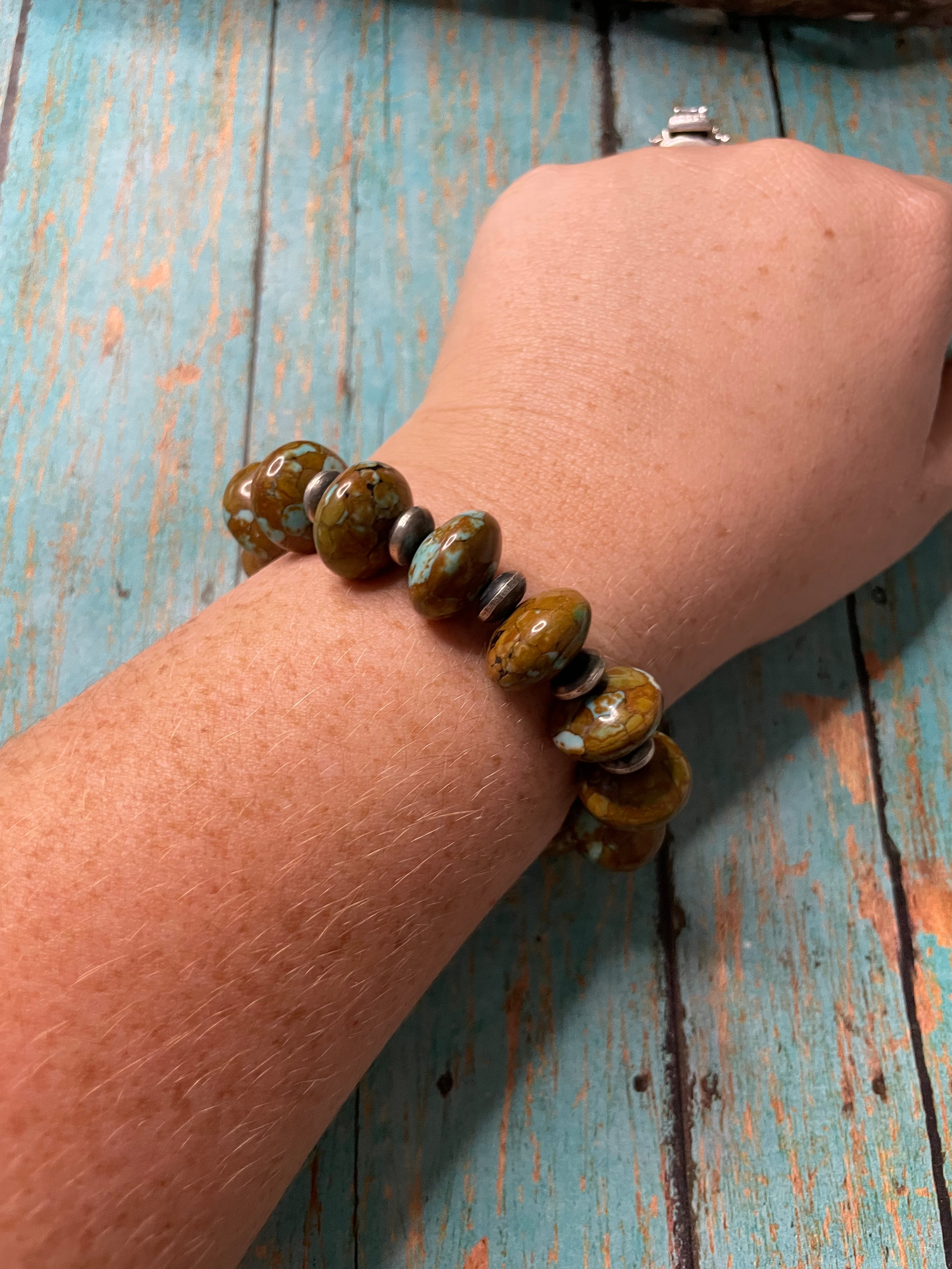 Handcrafted Sterling Silver Stretchy Natural #8 Turquoise Beaded Bracelet