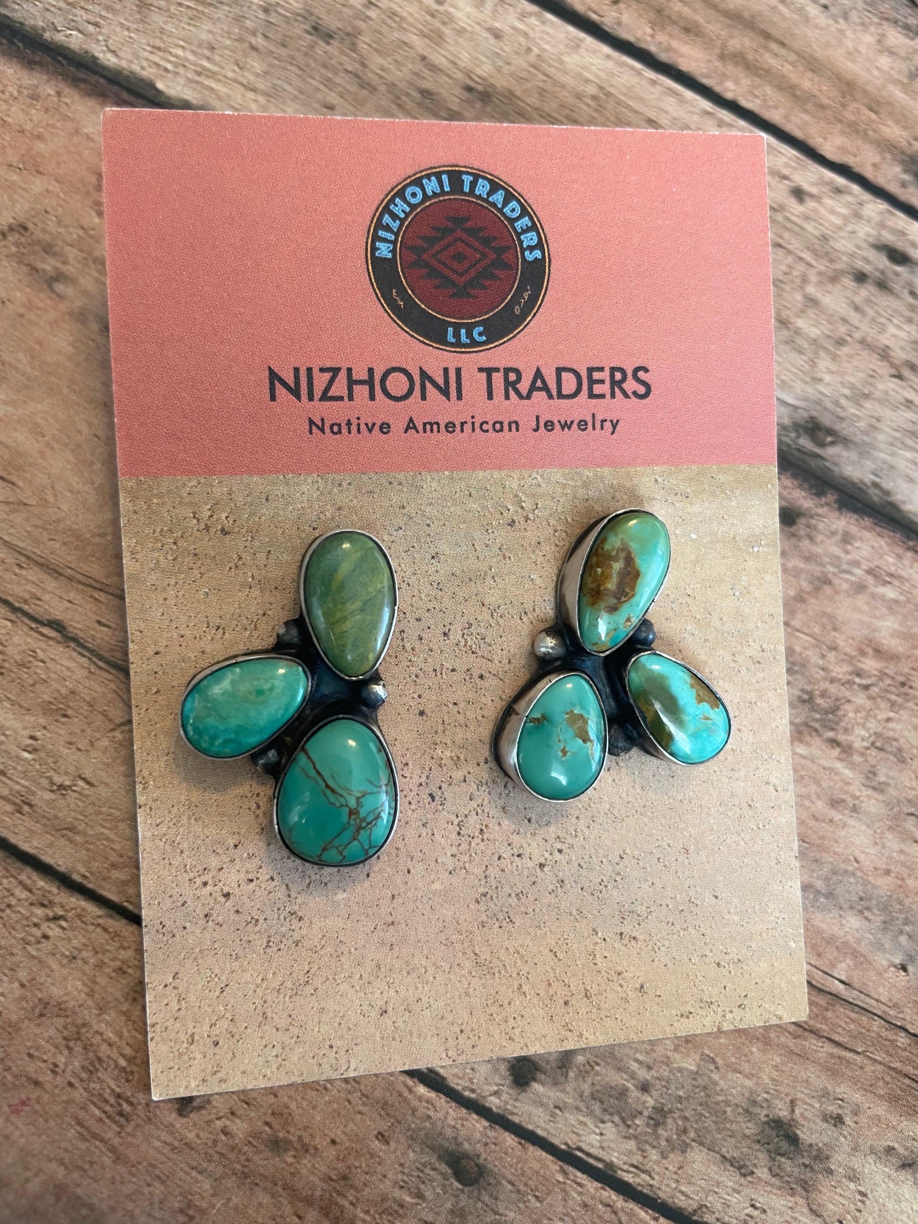 Navajo Beaded Sterling Silver & Royston Turquoise Necklace Set by Ella Peters