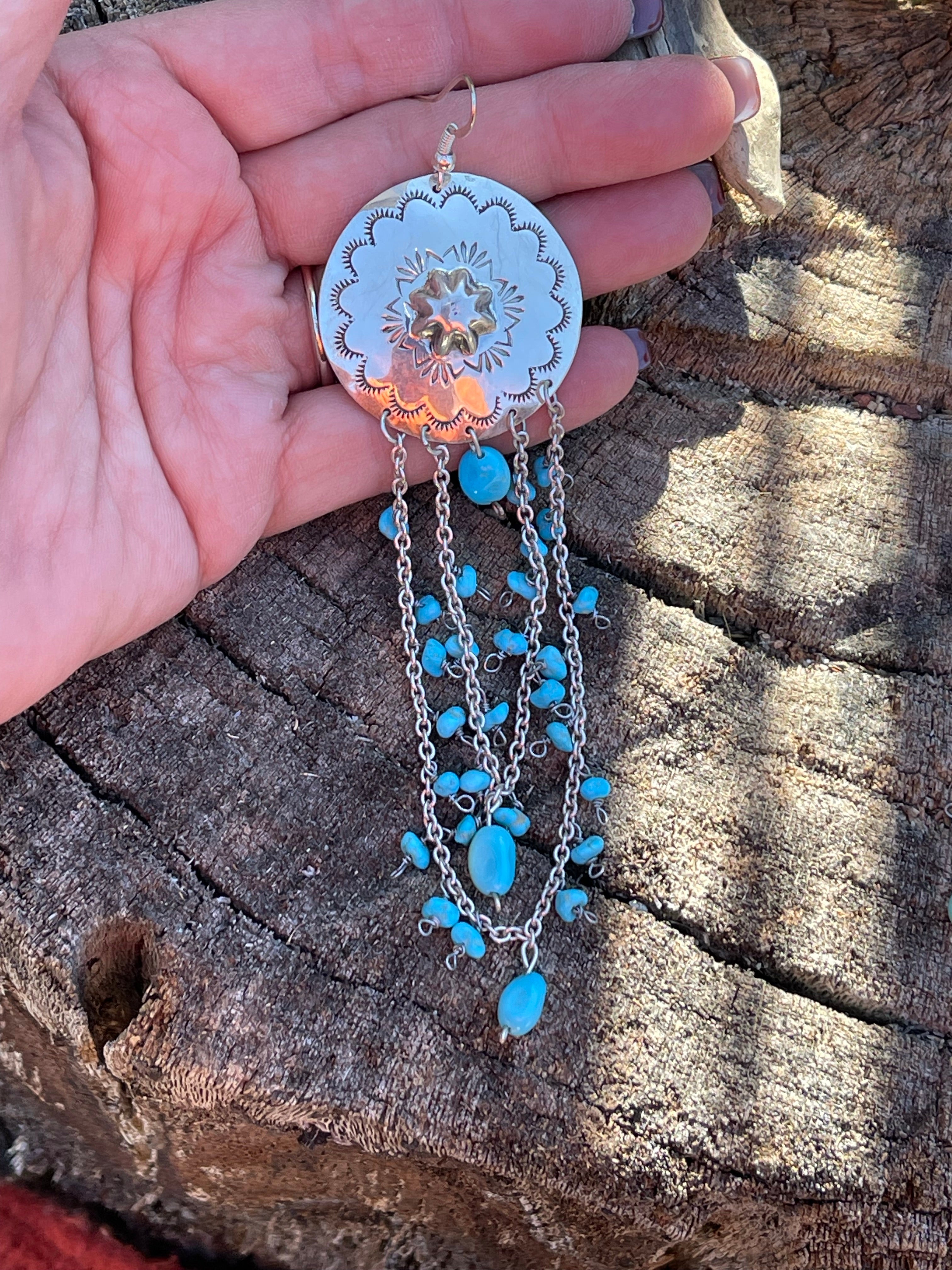 Sterling Silver Turquoise Concho Chain Dangle Earrings