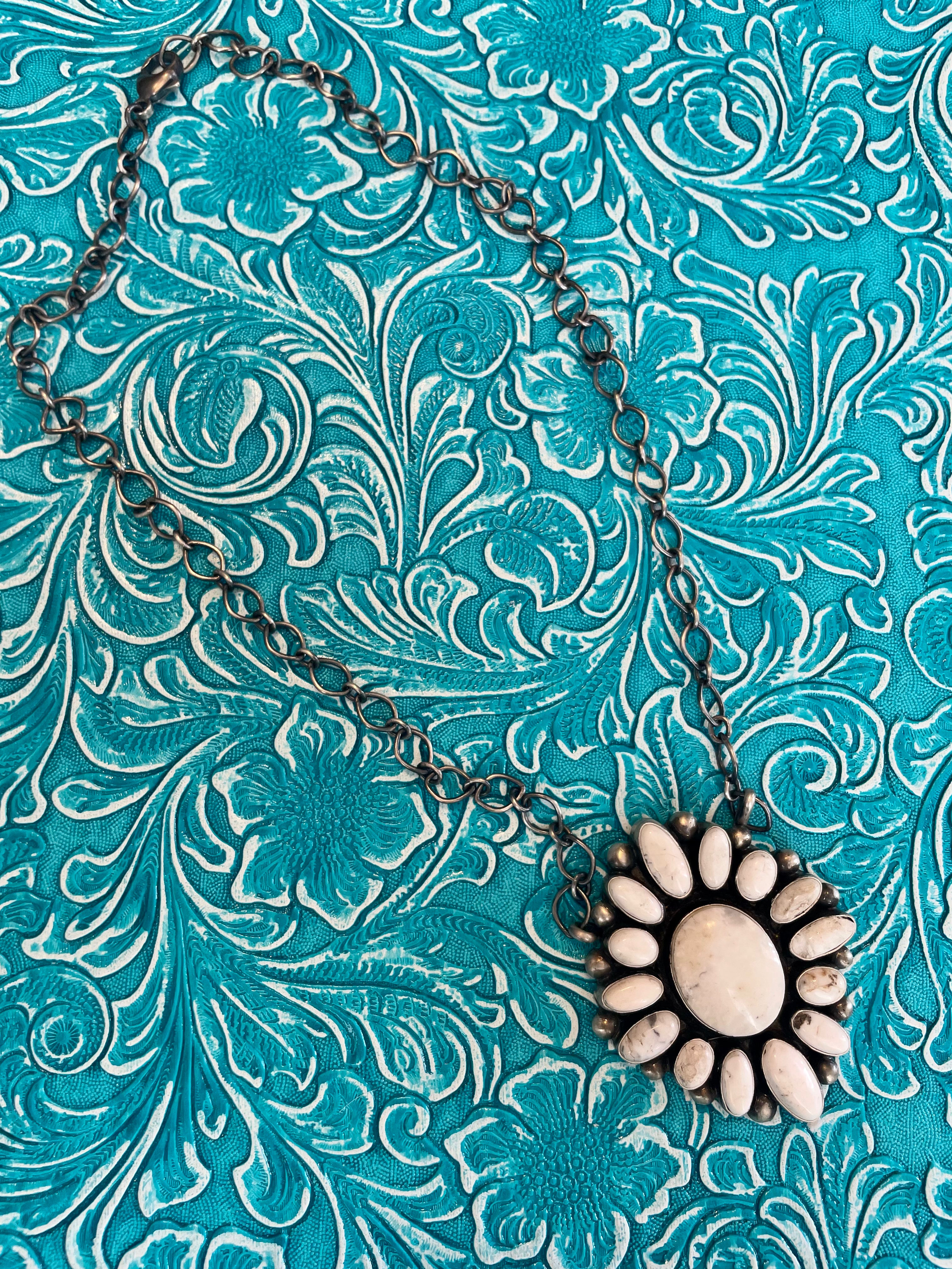 Navajo White Buffalo And Sterling Silver Cluster Necklace Signed & Stamped