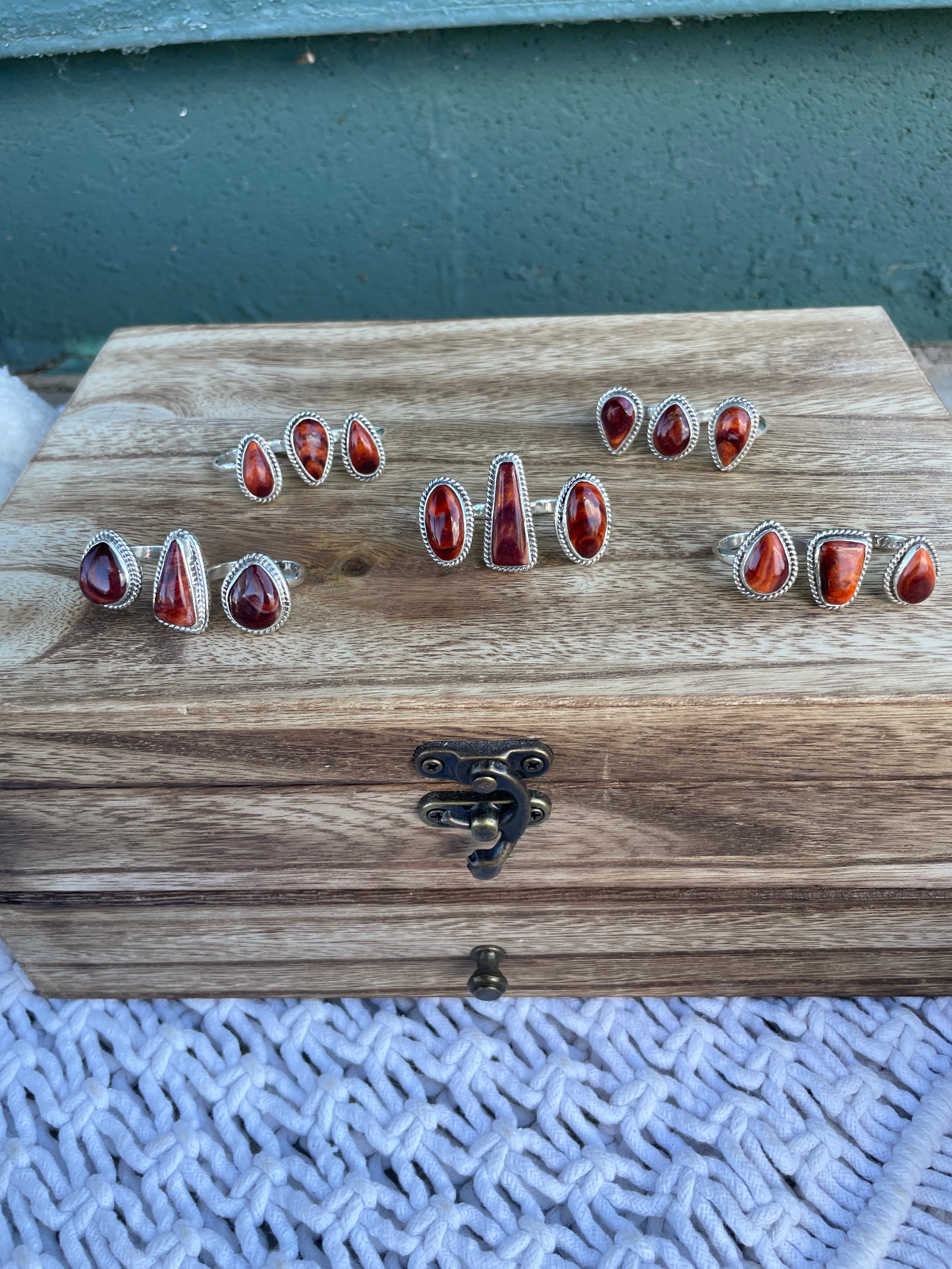 Handcrafted Sterling Silver And Dark Orange Spiny Adjustable Triple Threat Knuckler Ring