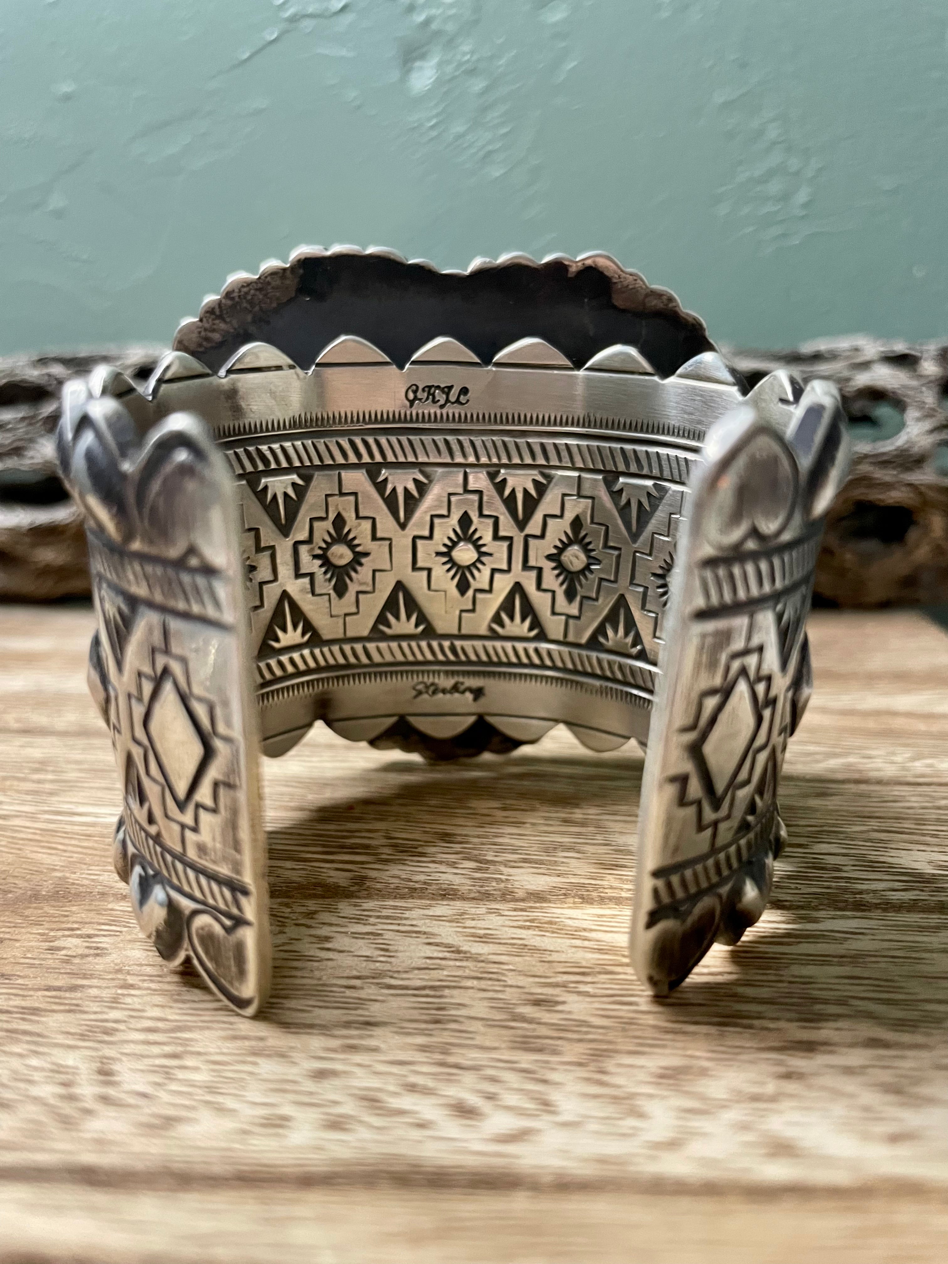 Navajo Sterling Heart Statement Turquoise And Natural Red Coral Bracelet Cuff Signed /