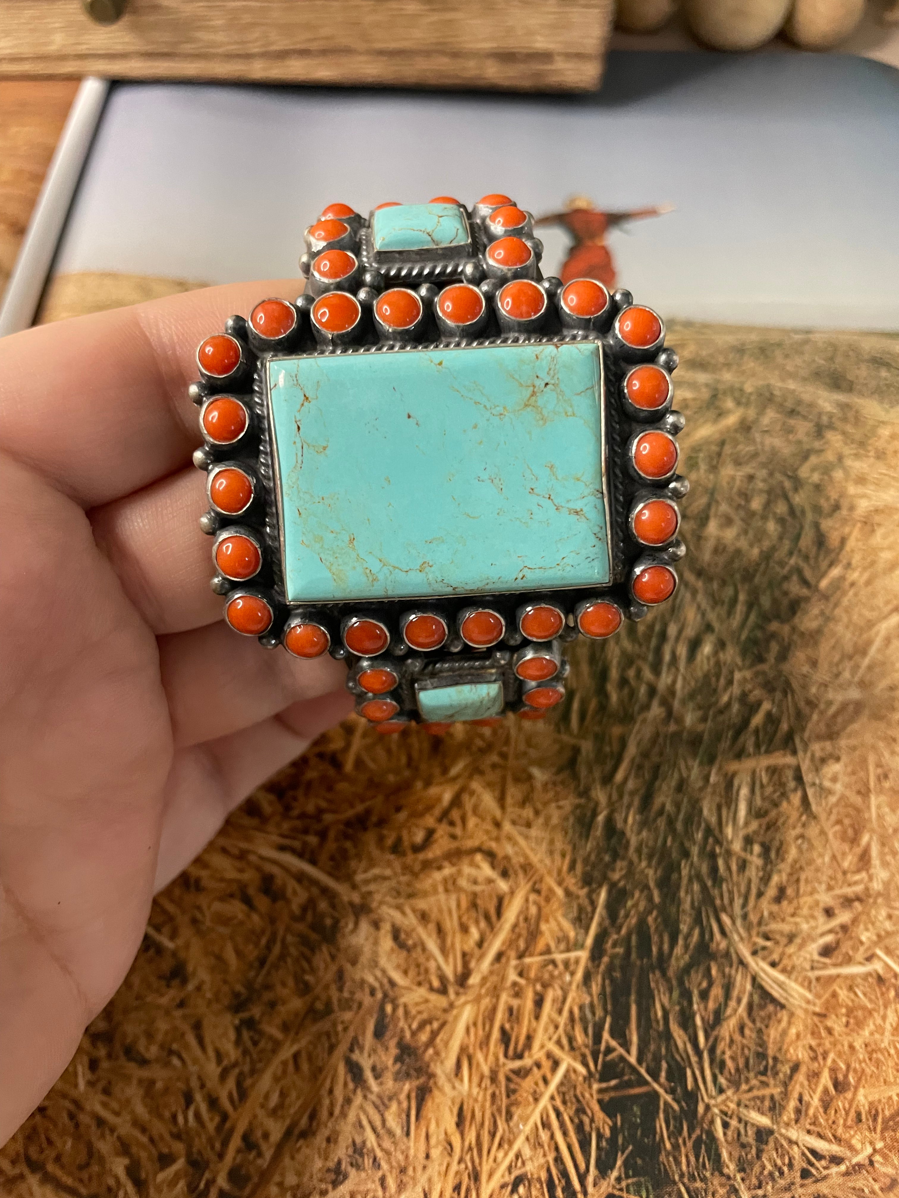 Anthony Skeets Handcrafted Turquoise, Coral & Sterling Silver Cuff Bracelet Signed /