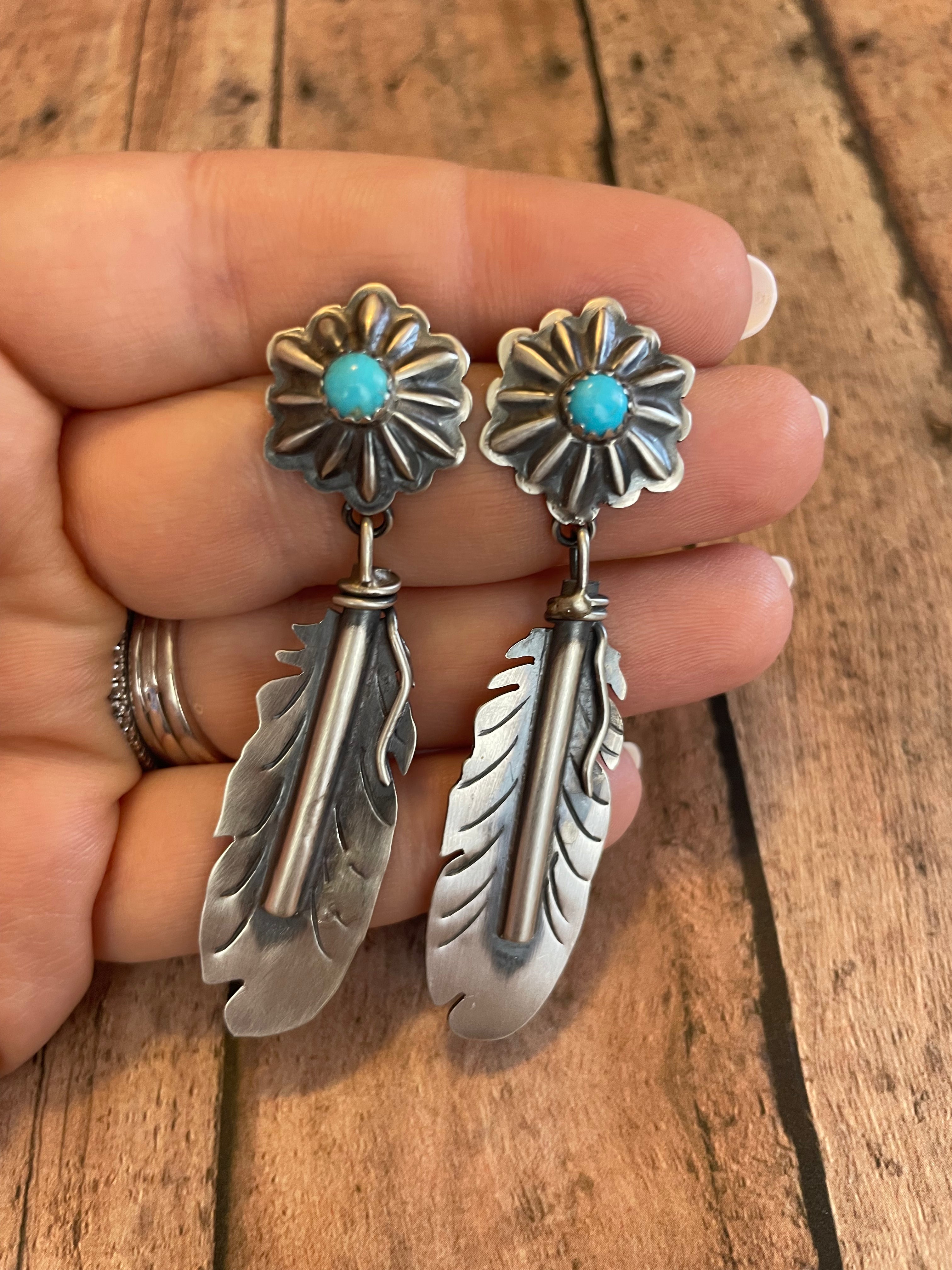 Handcrafted Sterling Silver Turquoise Feather Dangle Earrings