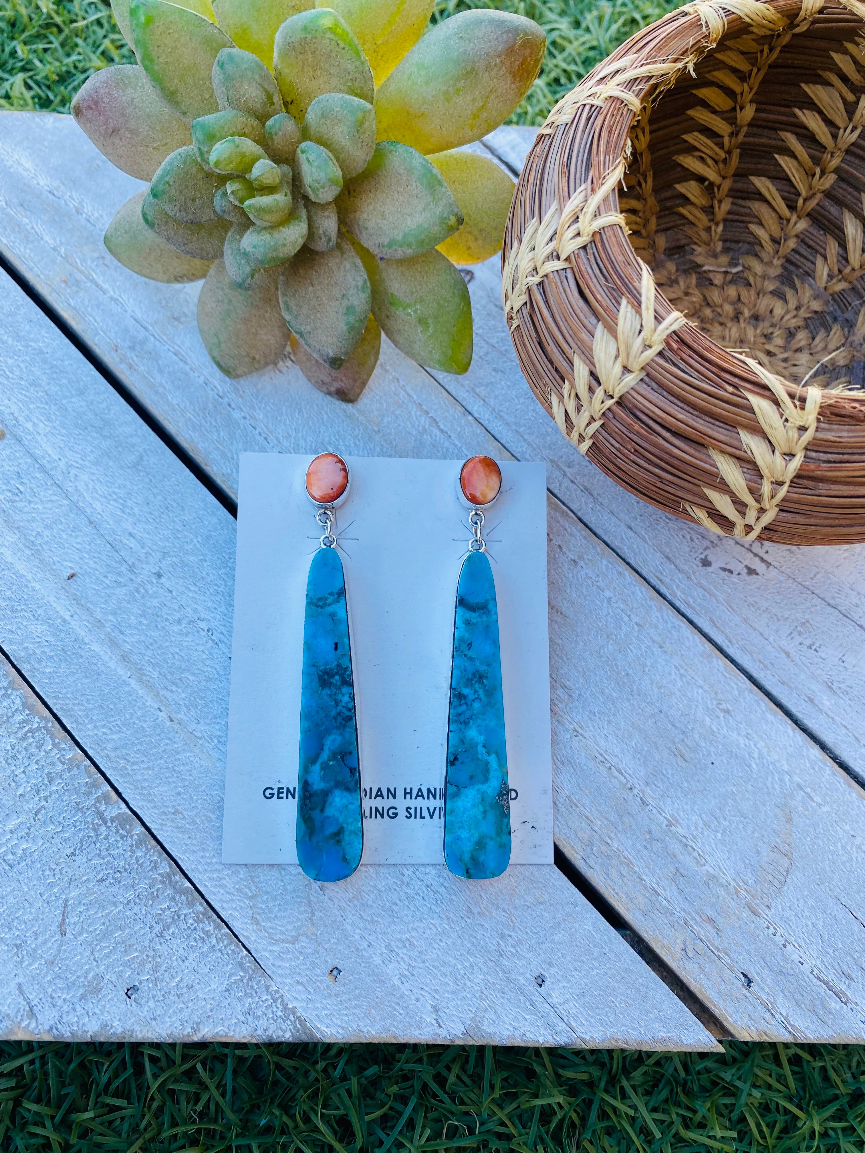 Handcrafted Sterling Silver, Turquoise & Orange Spiny Slab Dangle Earrings
