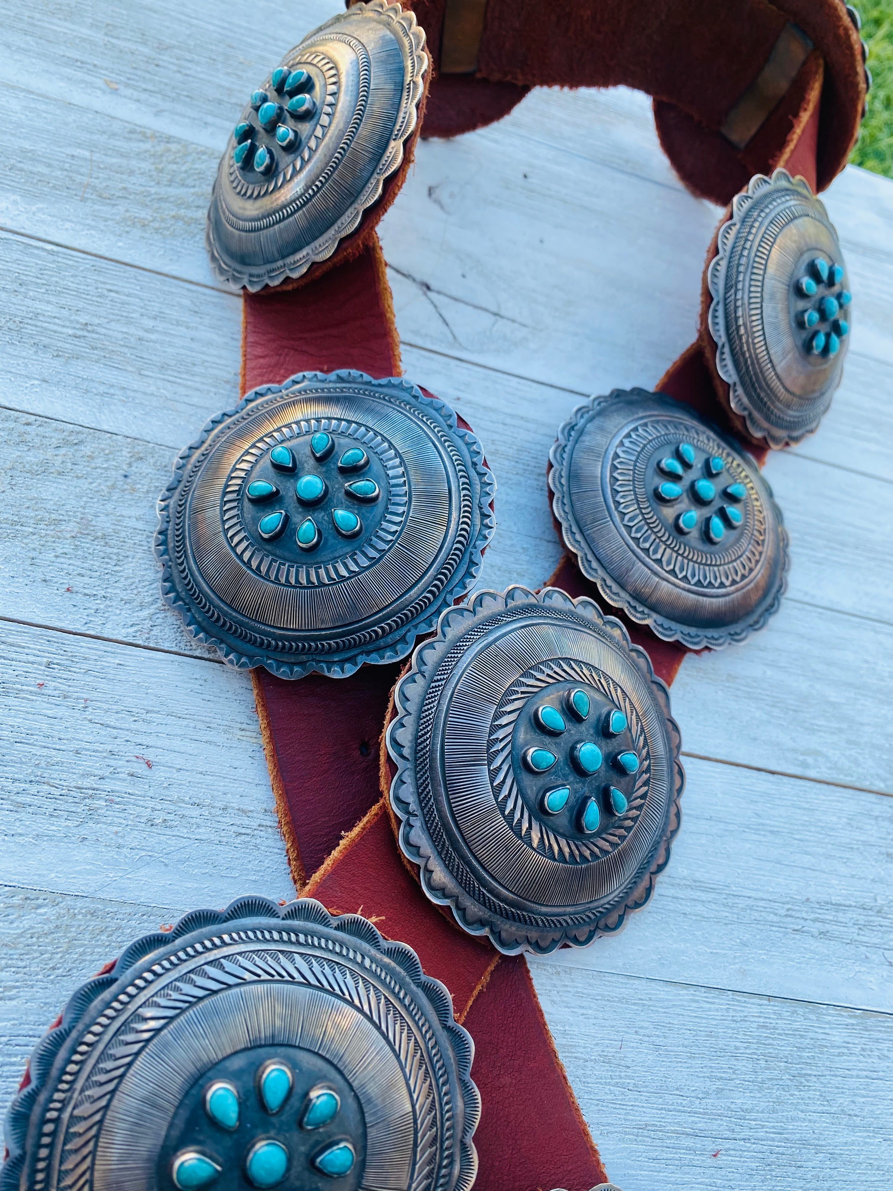 Handcrafted Vintage Brown Leather And Sterling Silver Turquoise Concho Belt