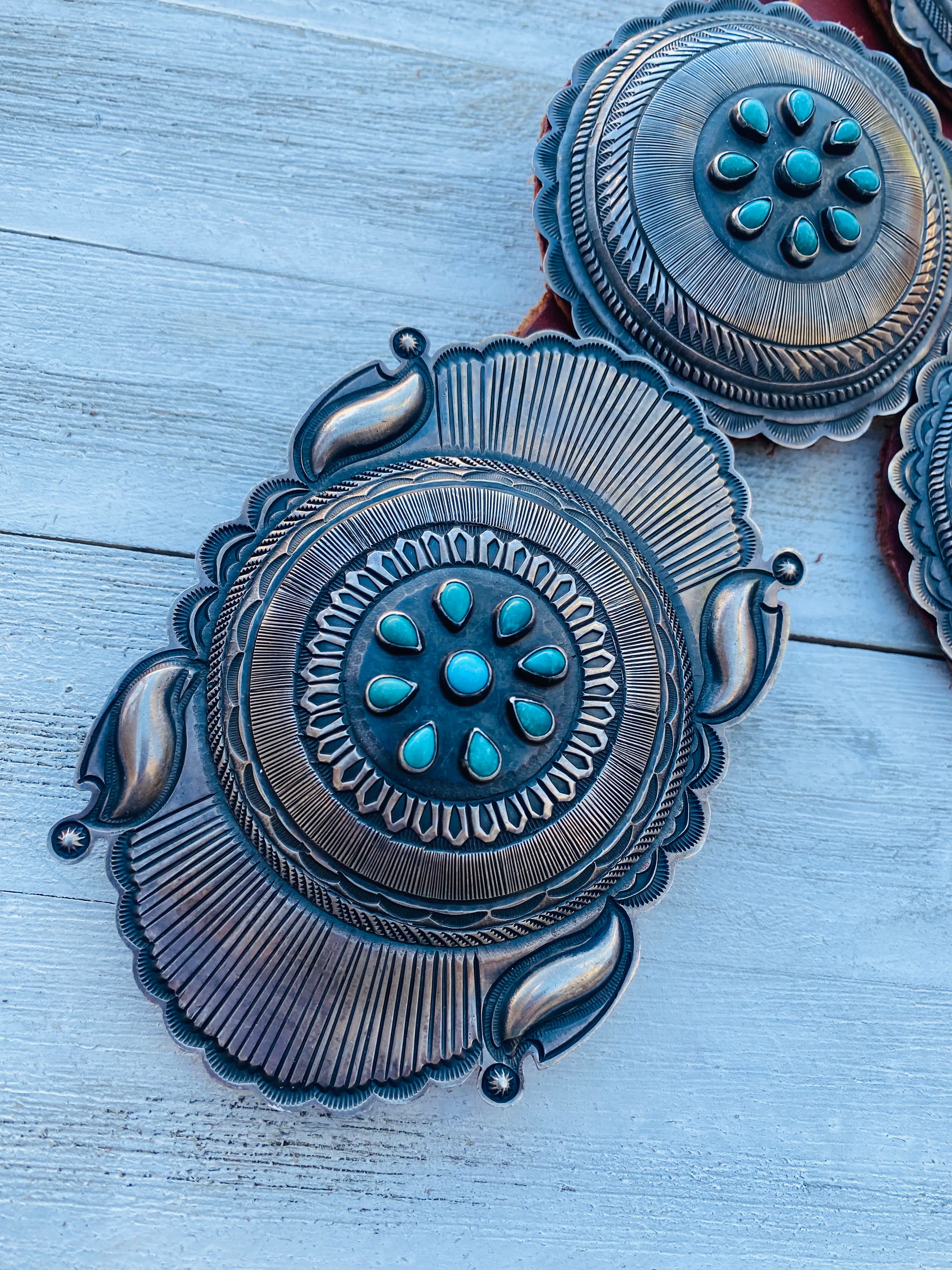 Handcrafted Vintage Brown Leather And Sterling Silver Turquoise Concho Belt