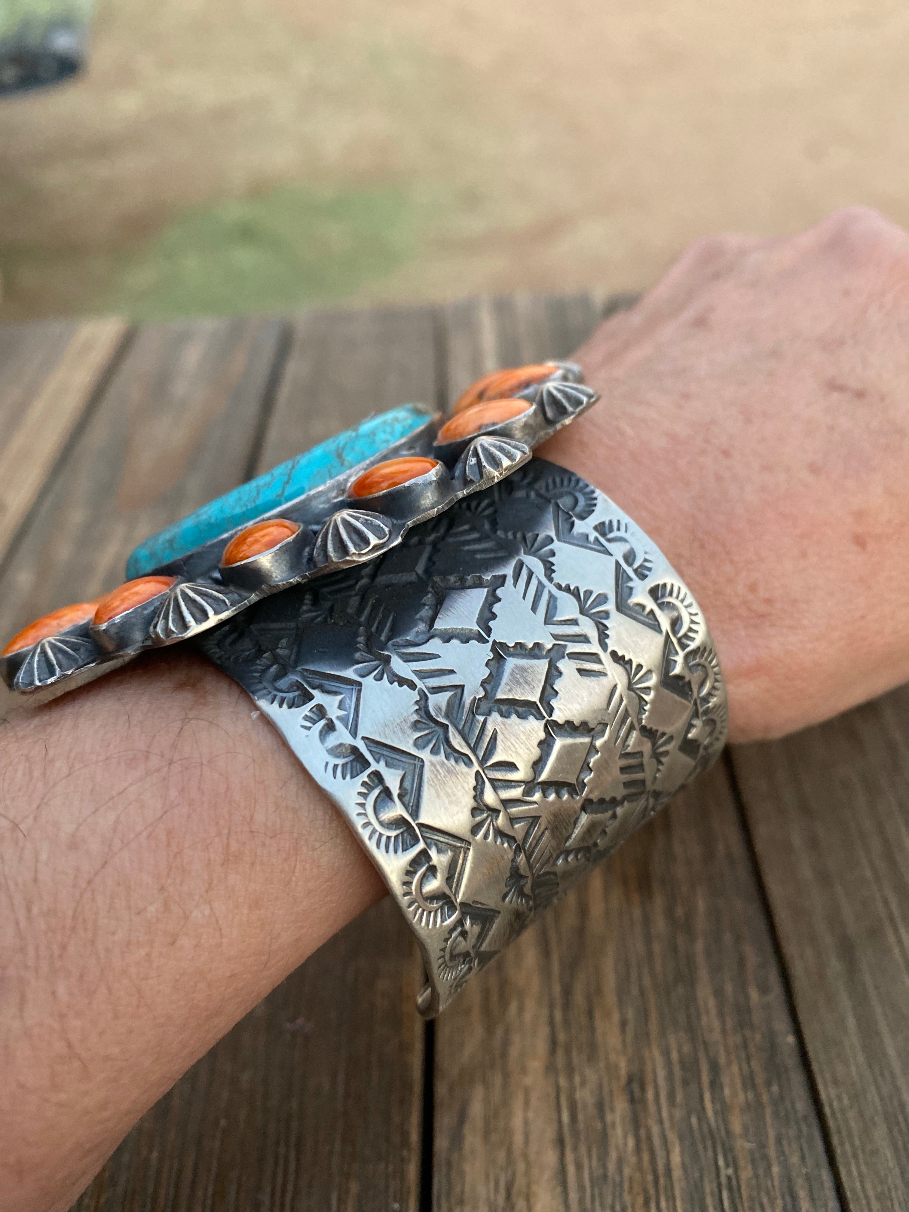 Handcrafted Kingman Turquoise & Spiny Sterling Silver Bracelet Signed /