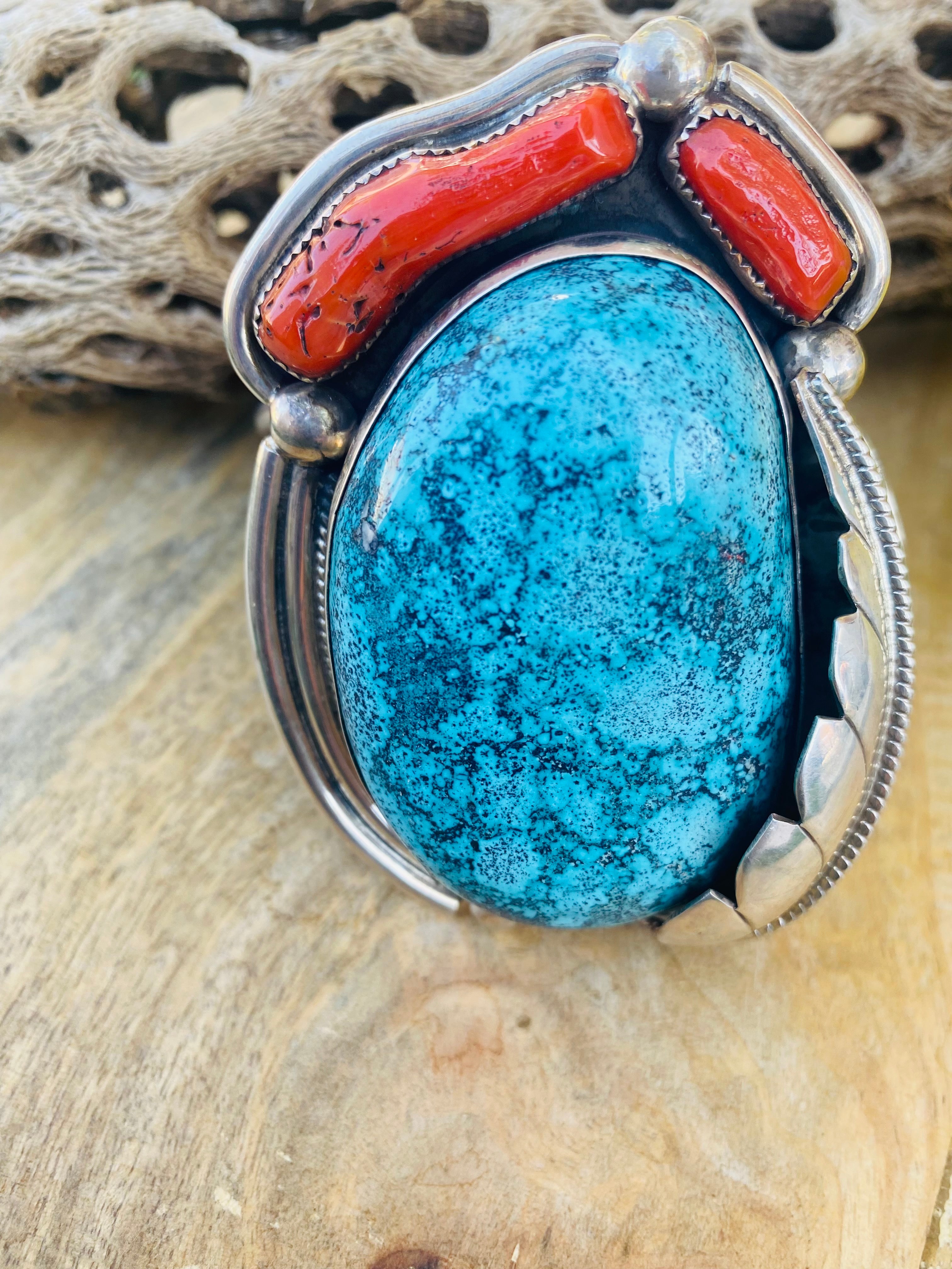 Handcrafted Incredible Bisbee Turquoise, Coral & Sterling Silver Jumbo Cuff Bracelet /