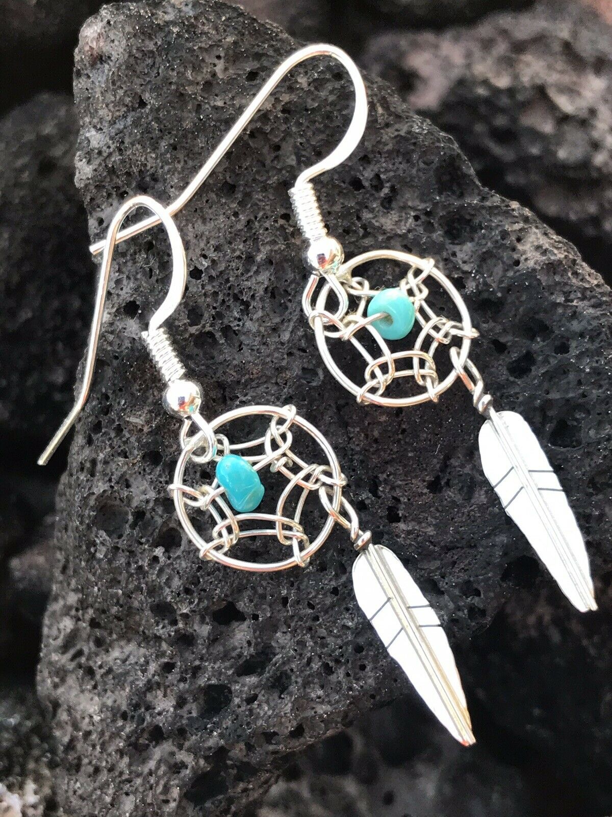 Handcrafted Sterling Silver Turquoise Dream Catcher, Dangle Earrings