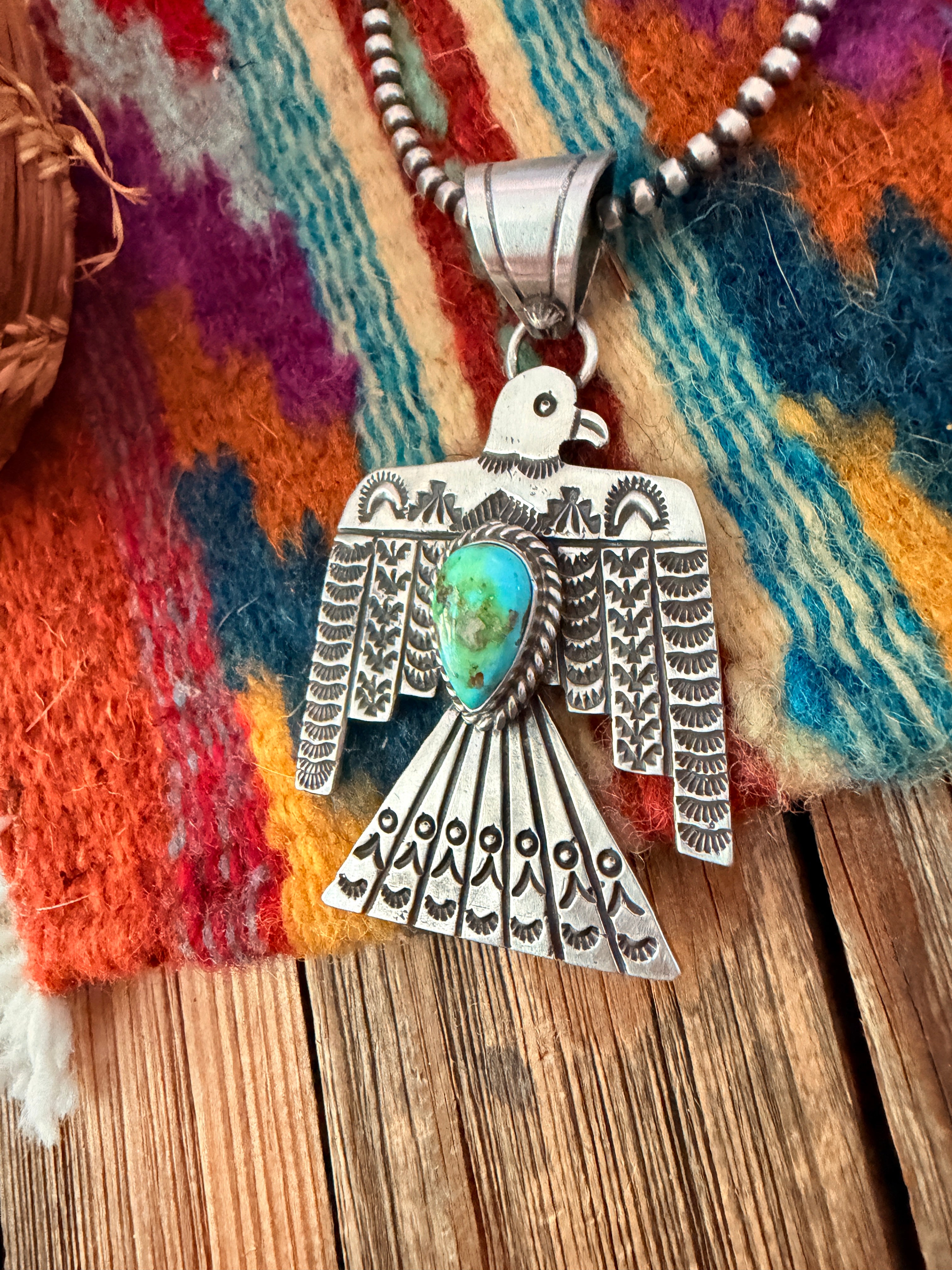 Handcrafted Sterling Silver & Turquoise Thunderbird Pendant by Leroy James