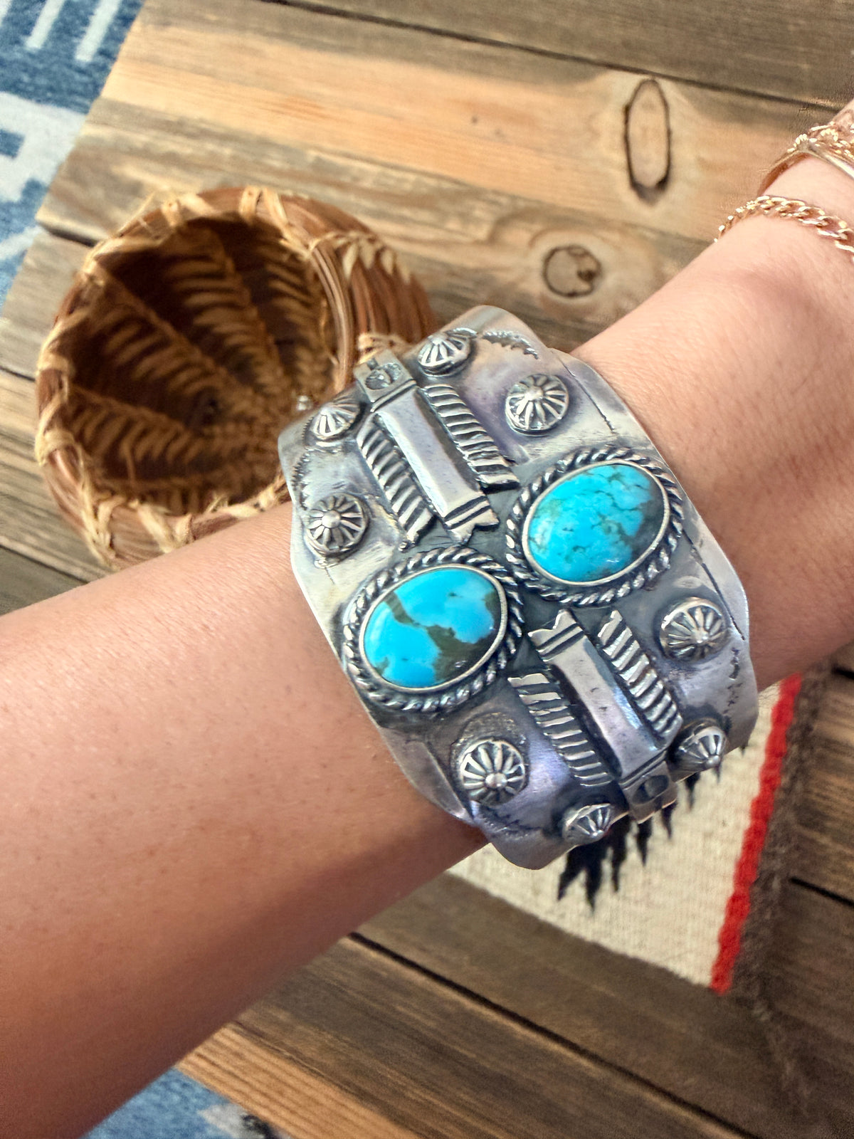 Handcrafted Turquoise & Sterling Silver Arrow Cuff Bracelet by Larry Kaye