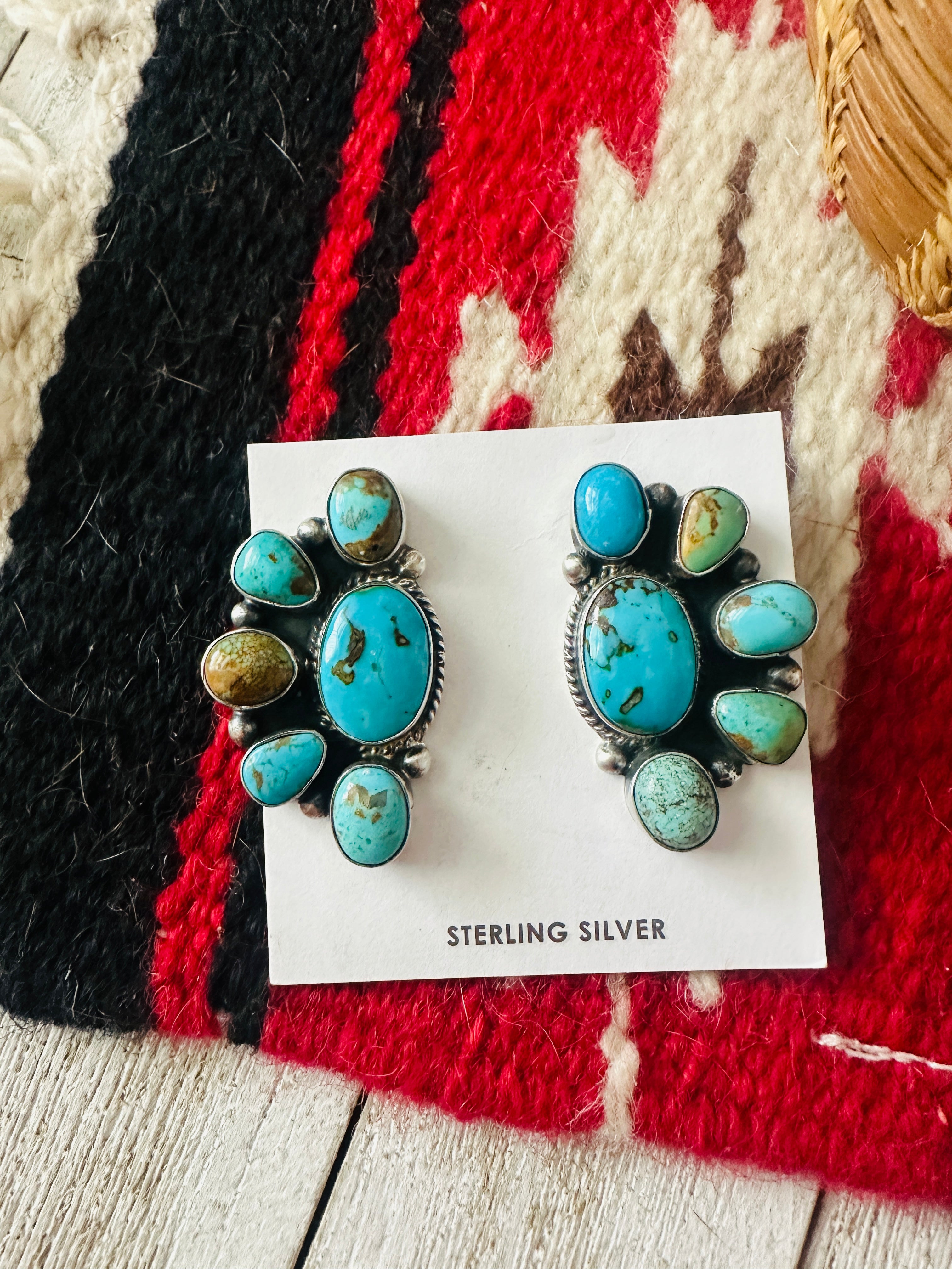 Navajo Sterling Silver & Turquoise Cluster Post Earrings