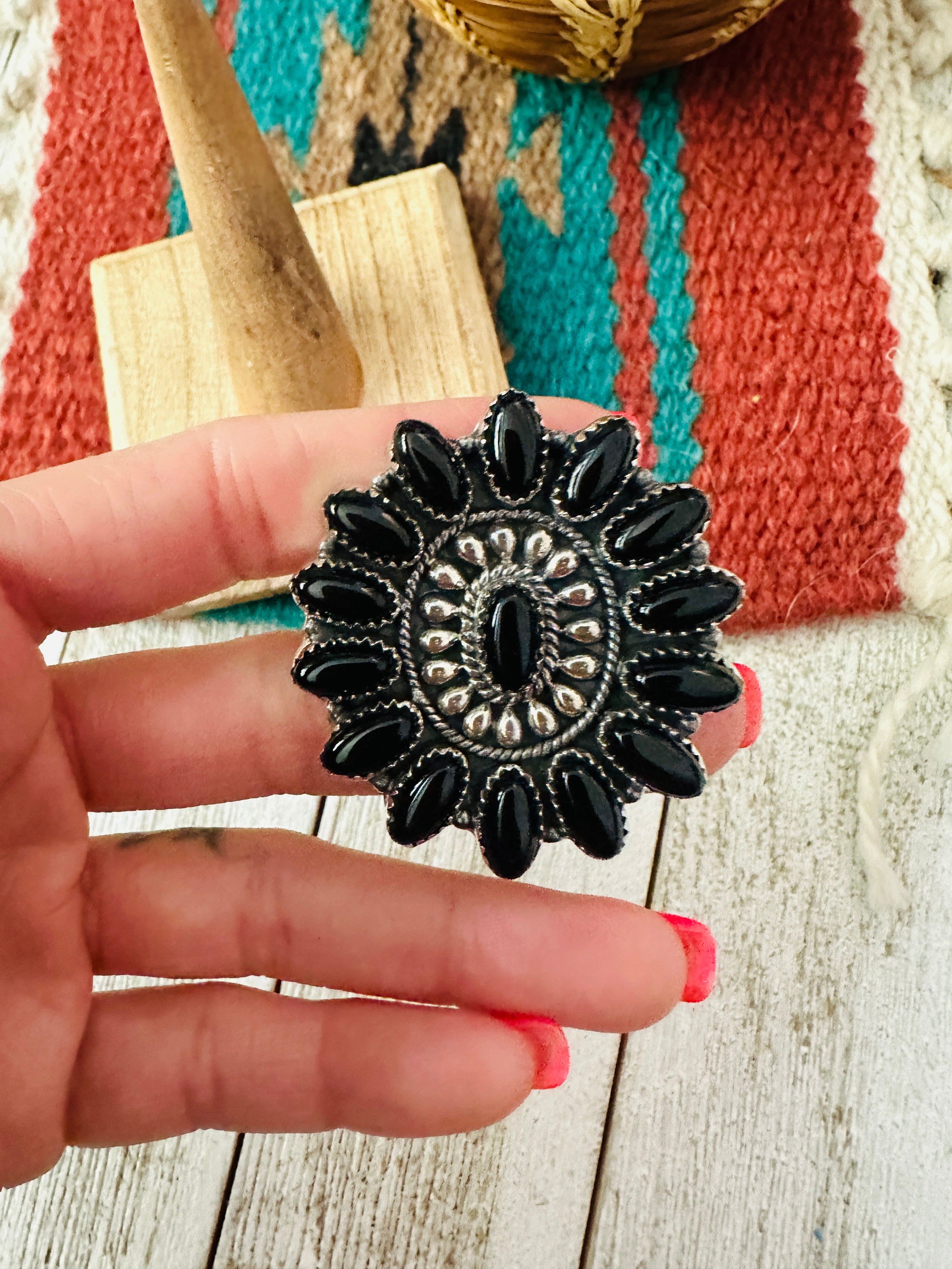 Handmade Onyx And Sterling Silver Adjustable Cluster Ring