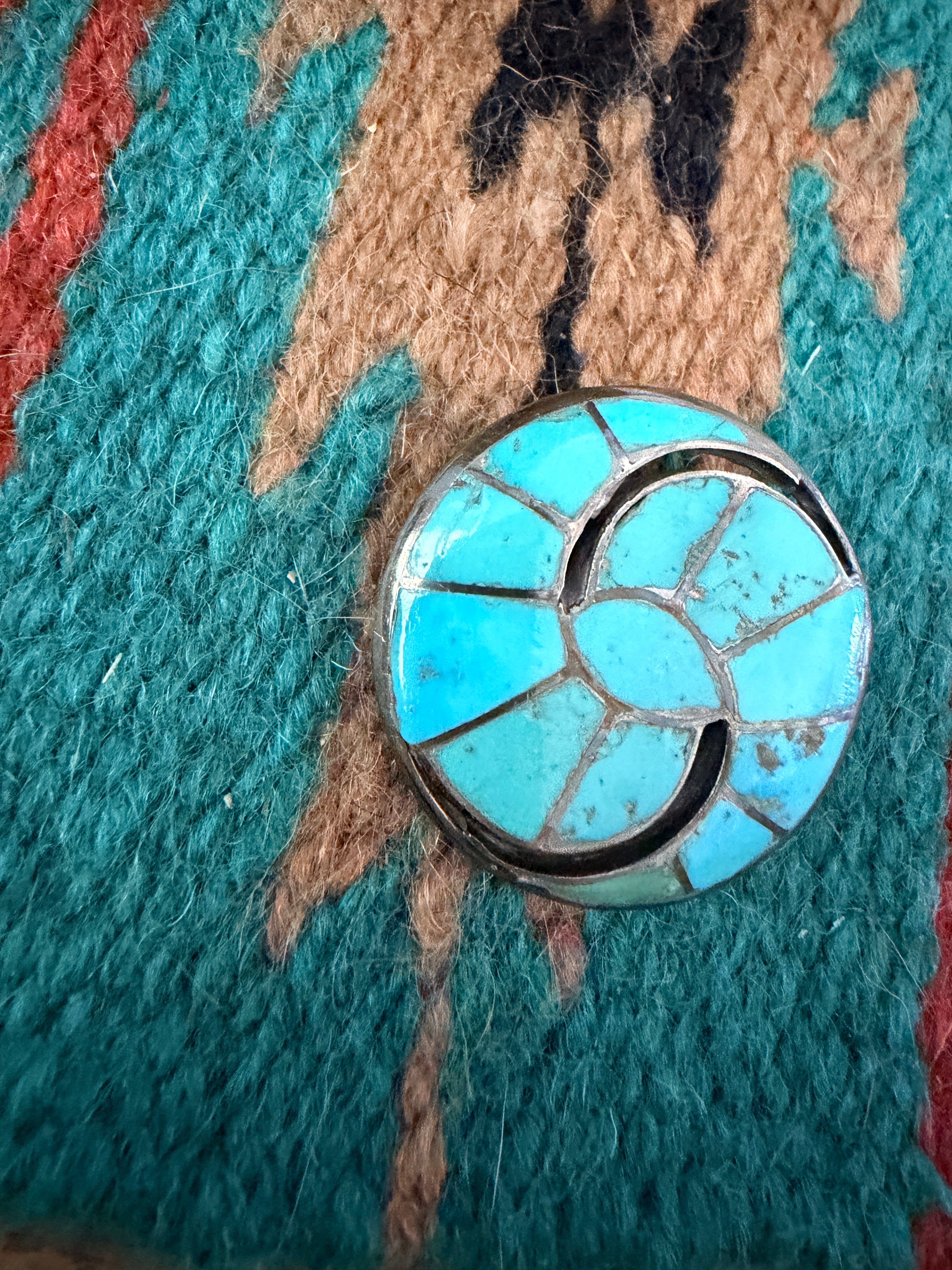 Old Pawn Handcrafted Turquoise and Sterling Silver Inlay Brooch