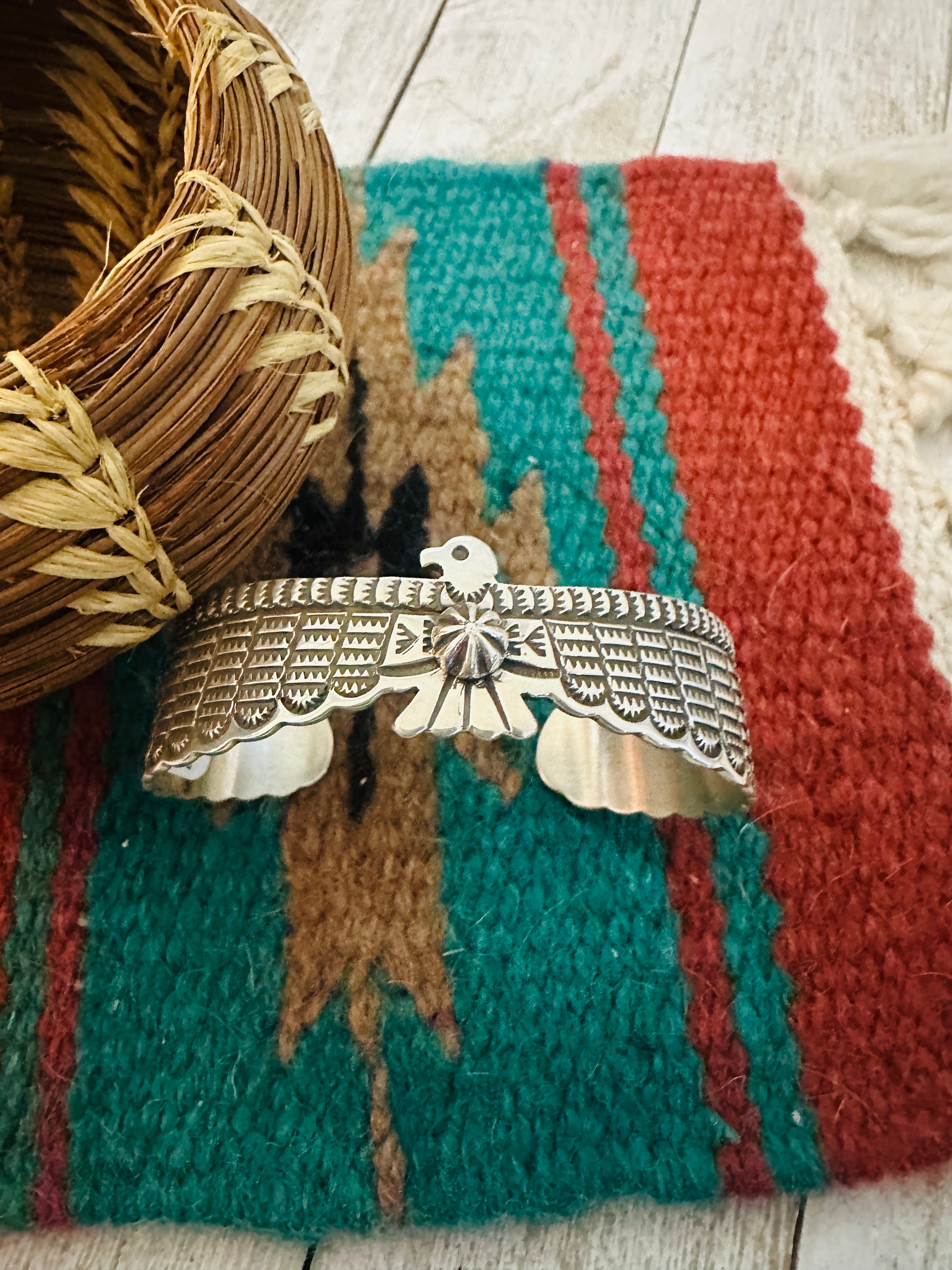 Navajo Hand Stamped Sterling Silver Thunderbird Cuff Bracelet