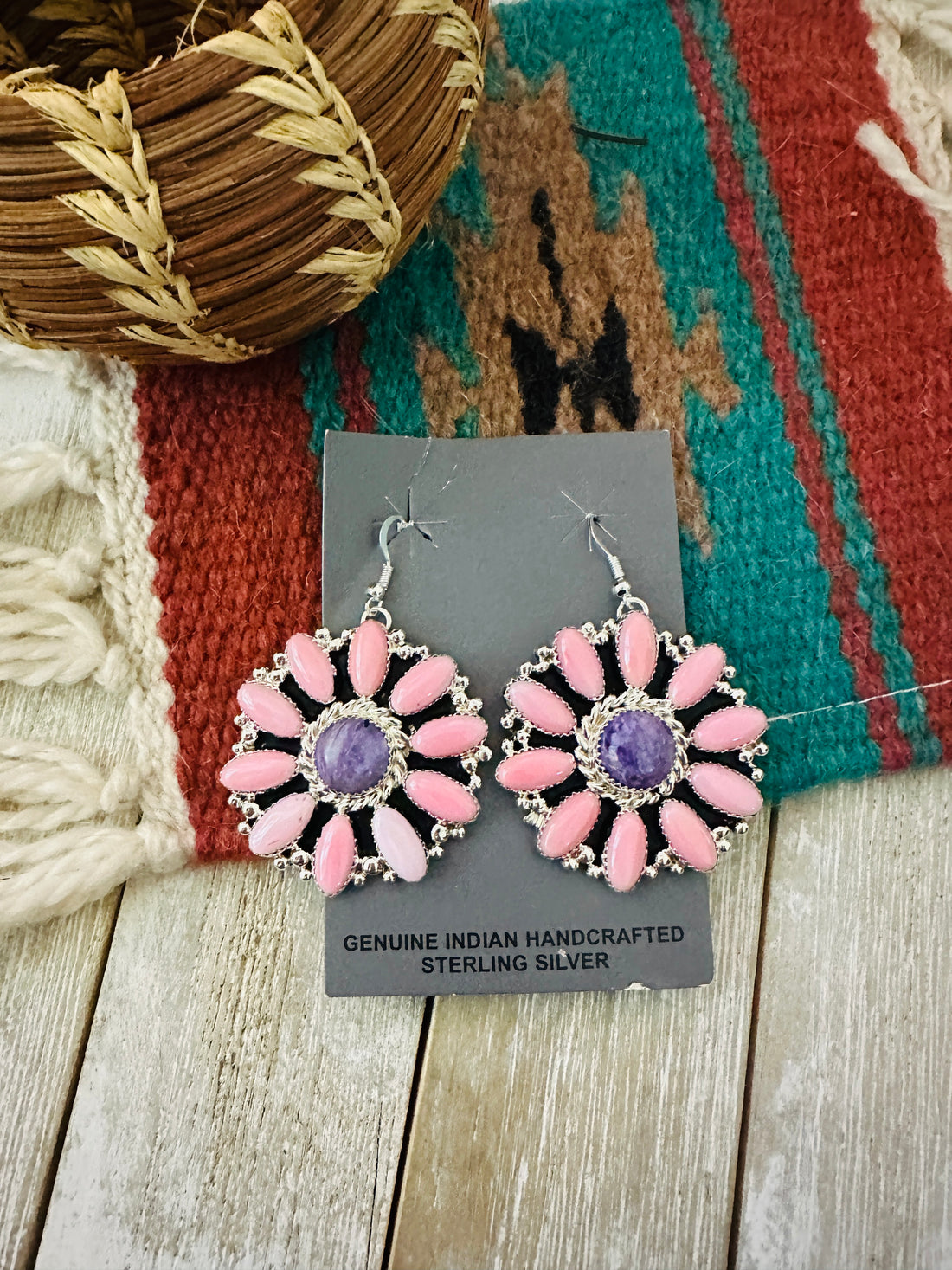 Handcrafted Queen Pink Conch, Charoite & Sterling Silver Cluster Dangle Earrings