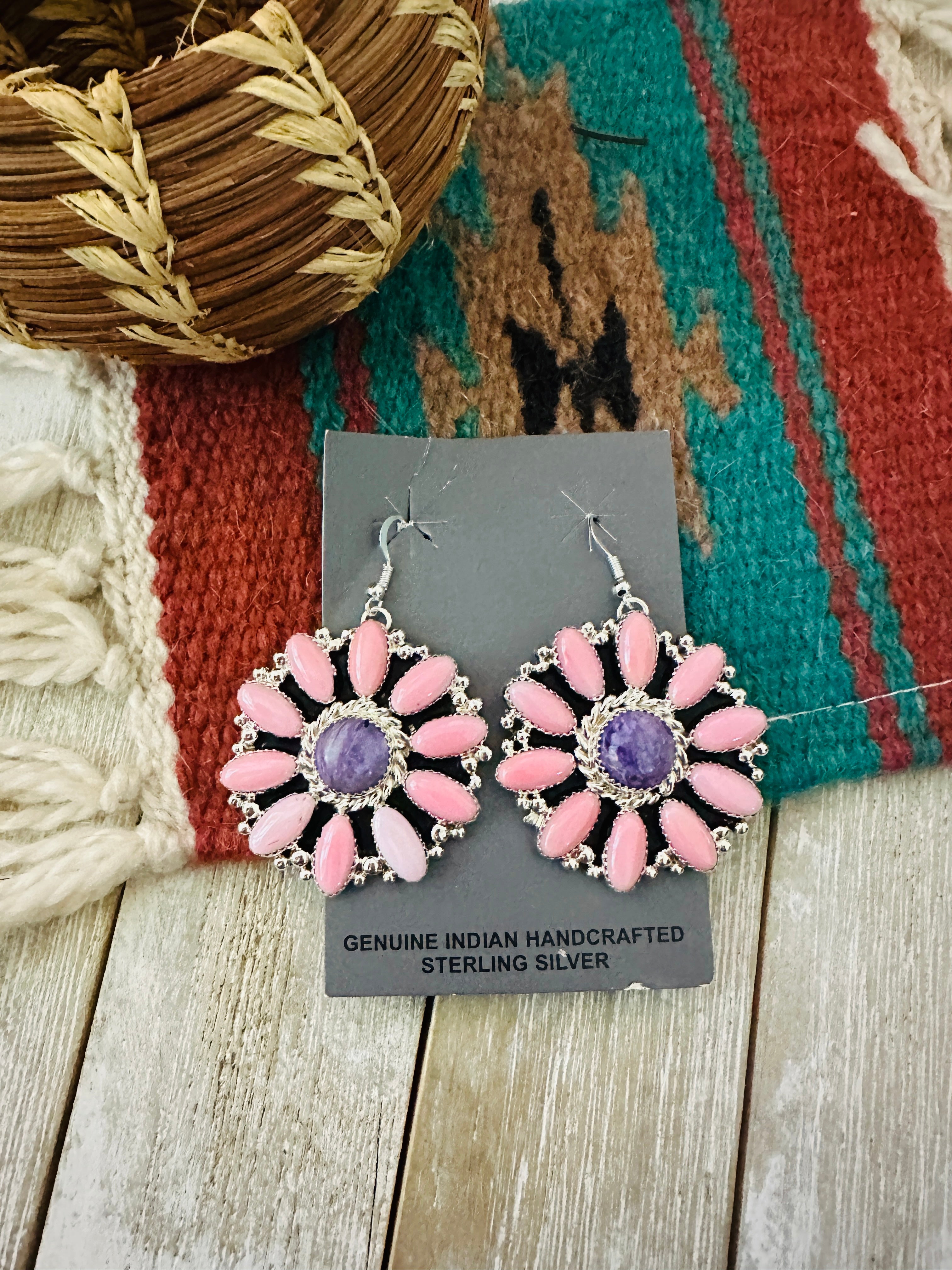 Handcrafted Queen Pink Conch, Charoite & Sterling Silver Cluster Dangle Earrings