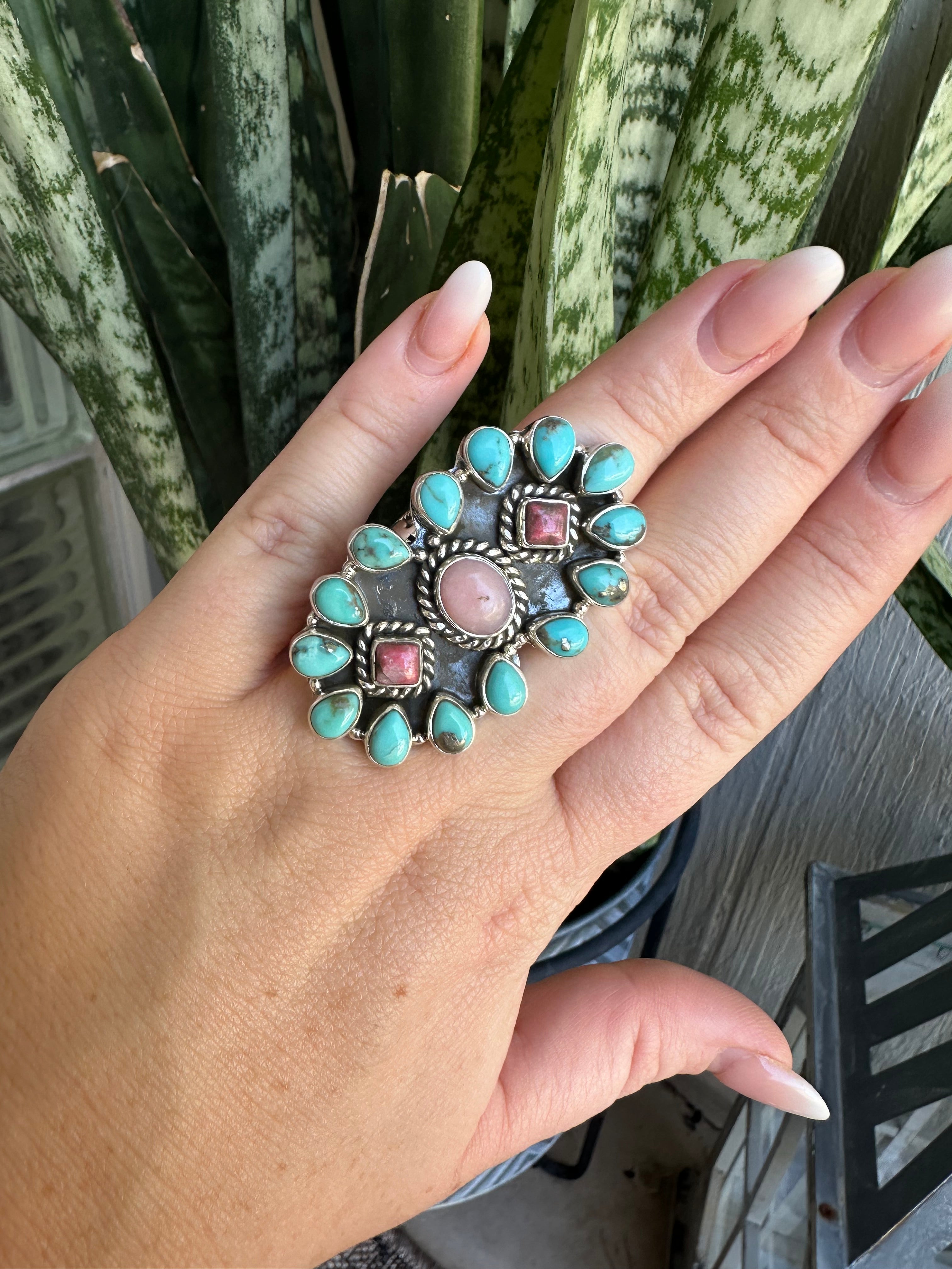 Beautiful Handmade Turquoise, Pink Conch, Rhodonite And Sterling Silver Adjustable Cluster Ring