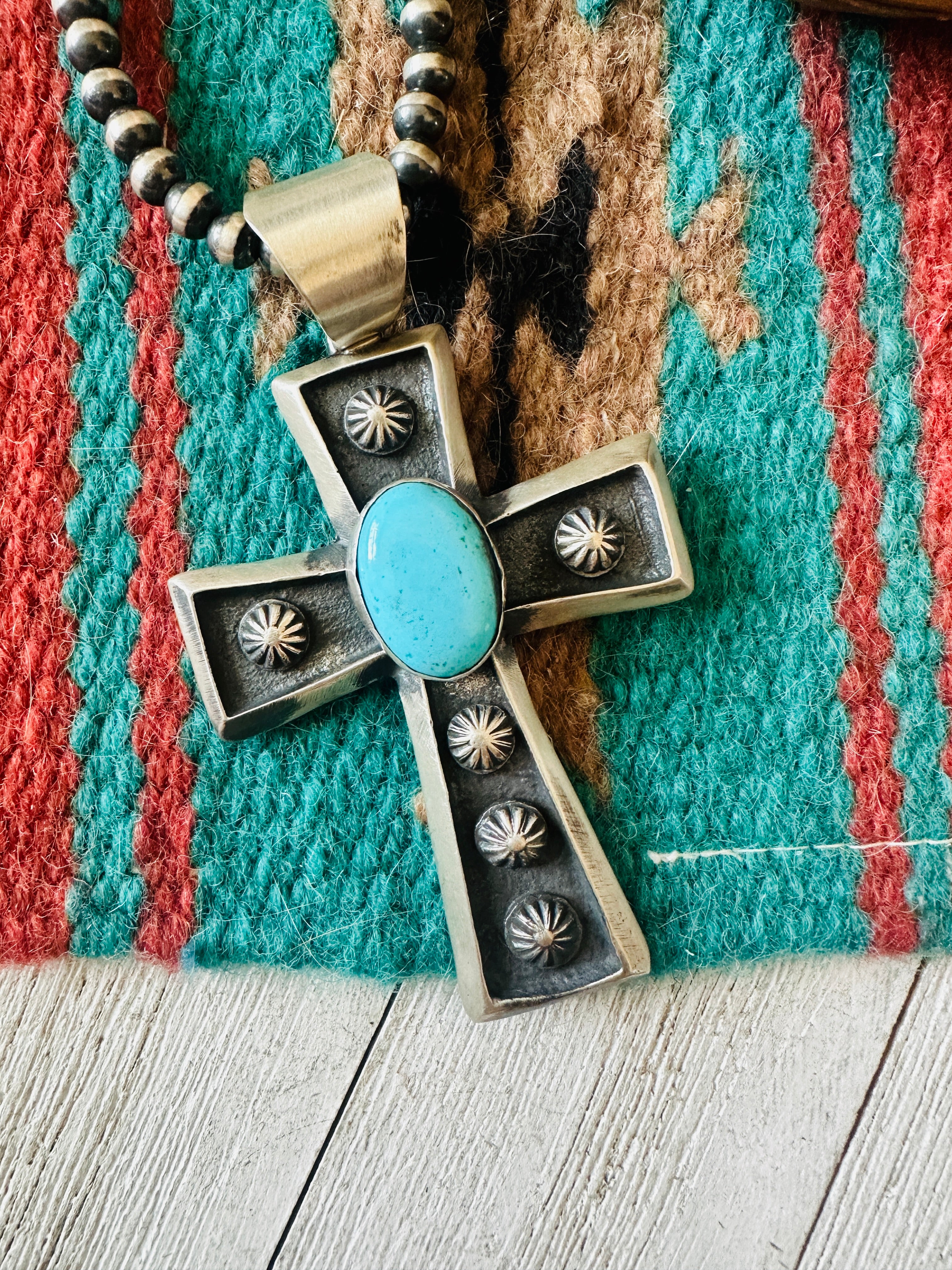 Navajo Sterling Silver & Turquoise Cross Pendant by Chimney Butte