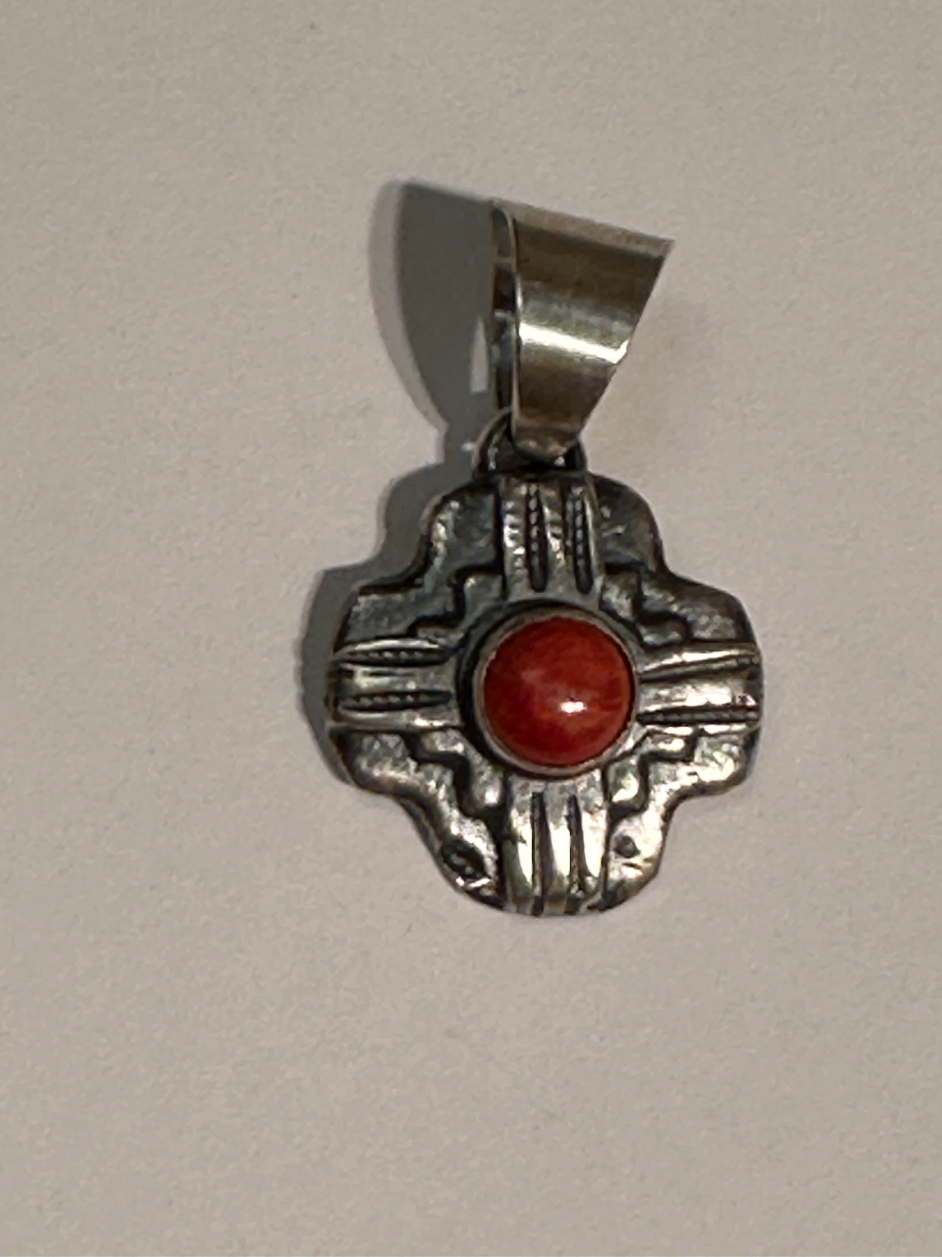 Navajo Sterling Silver Red Coral Zia Pendant By Chimney Butte