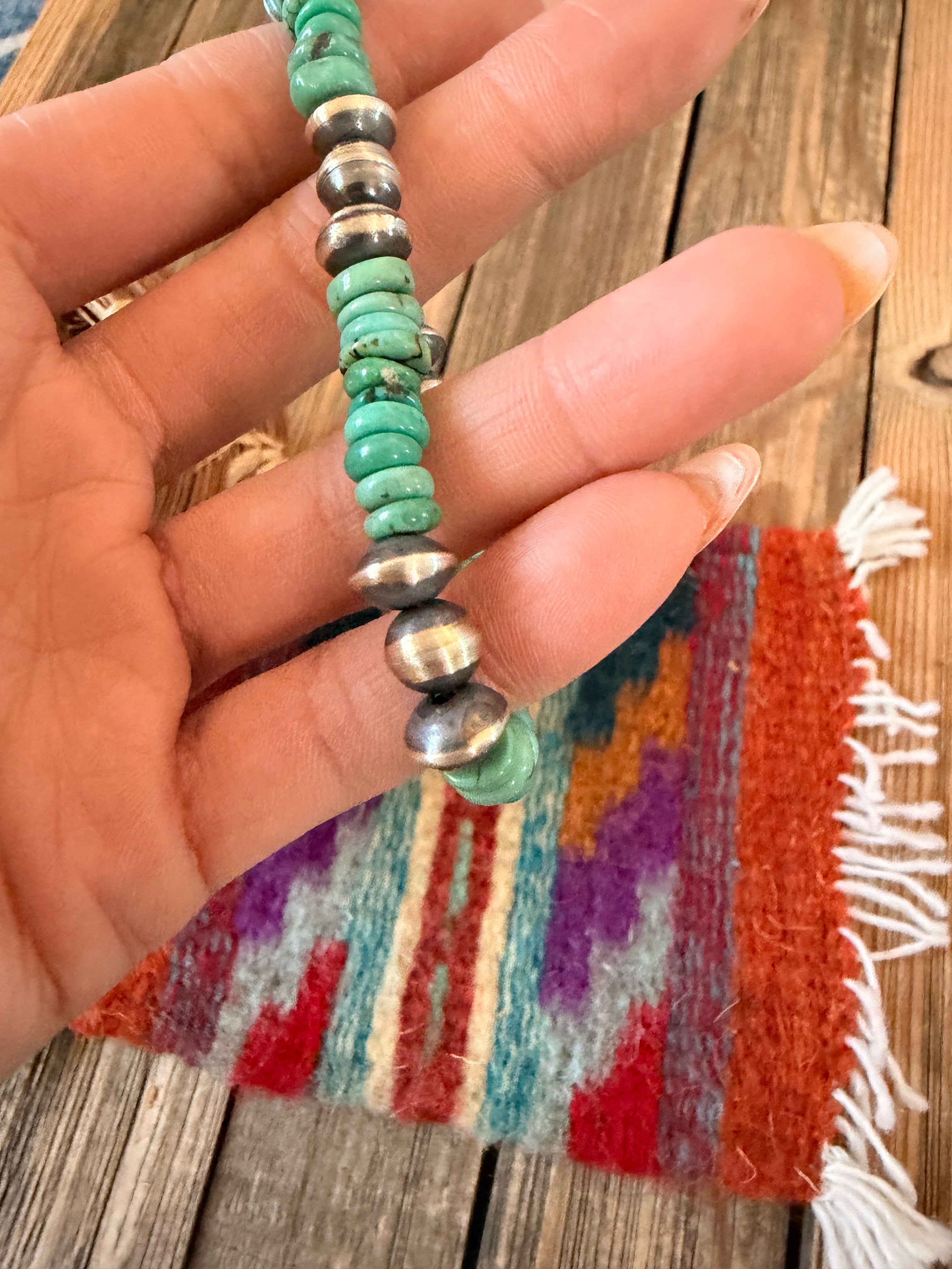 Handcrafted Turquoise & Sterling Silver Beaded Stretch Bracelet