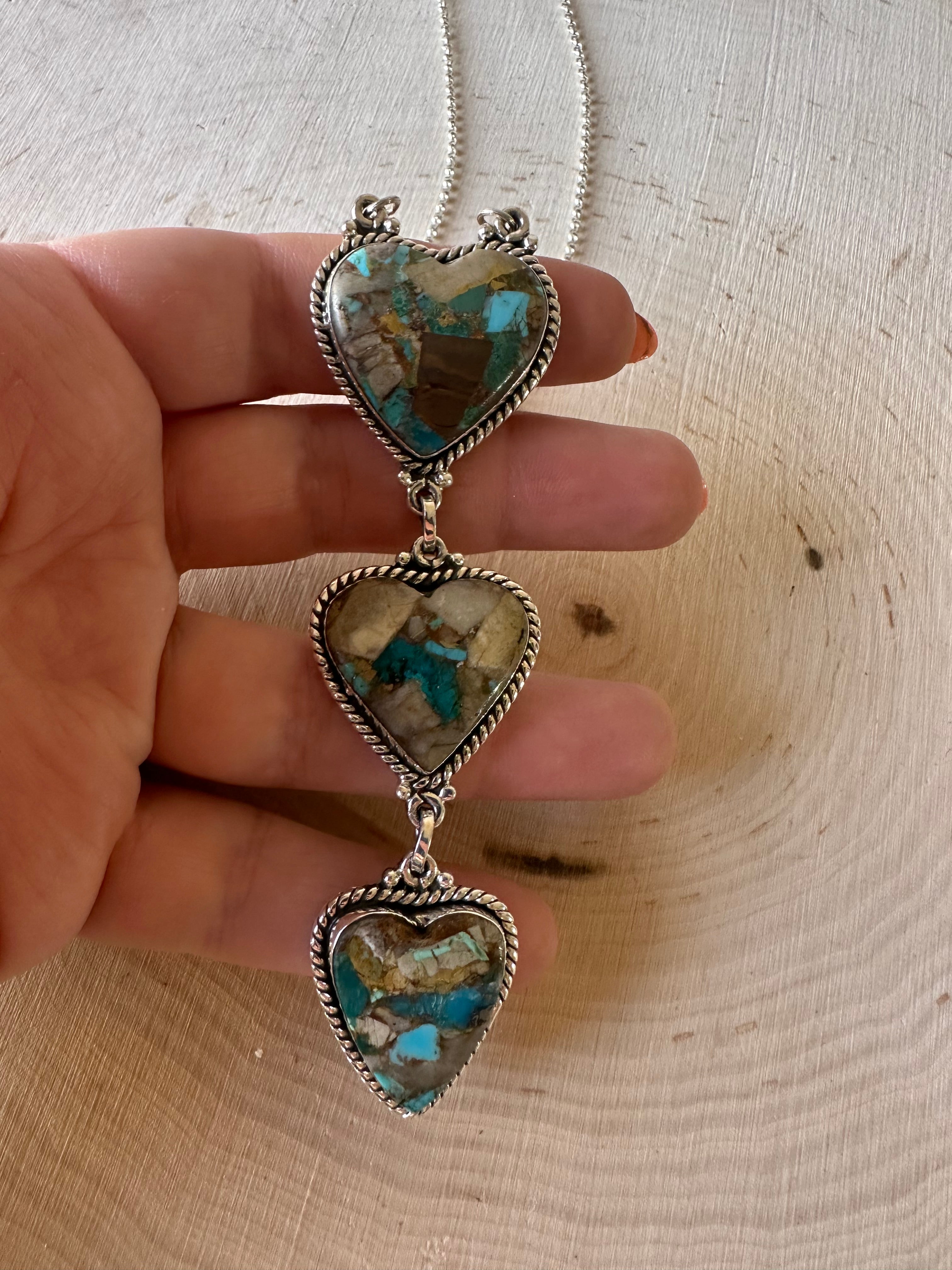 Beautiful Handmade Sterling Silver & Turquoise 3 Stone Heart Necklace