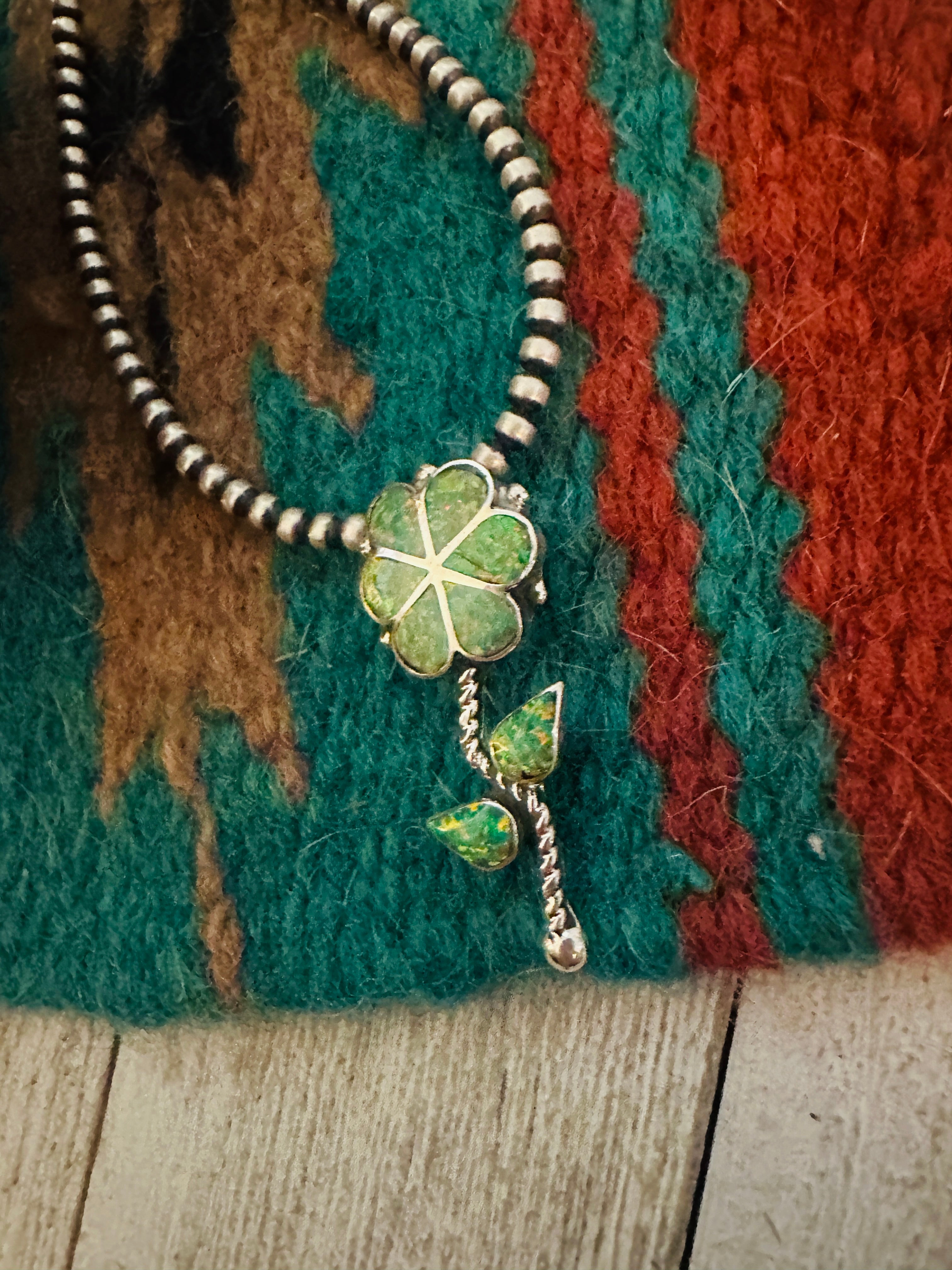 Zuni Green Opal & Sterling Silver Inlay Flower Pendant