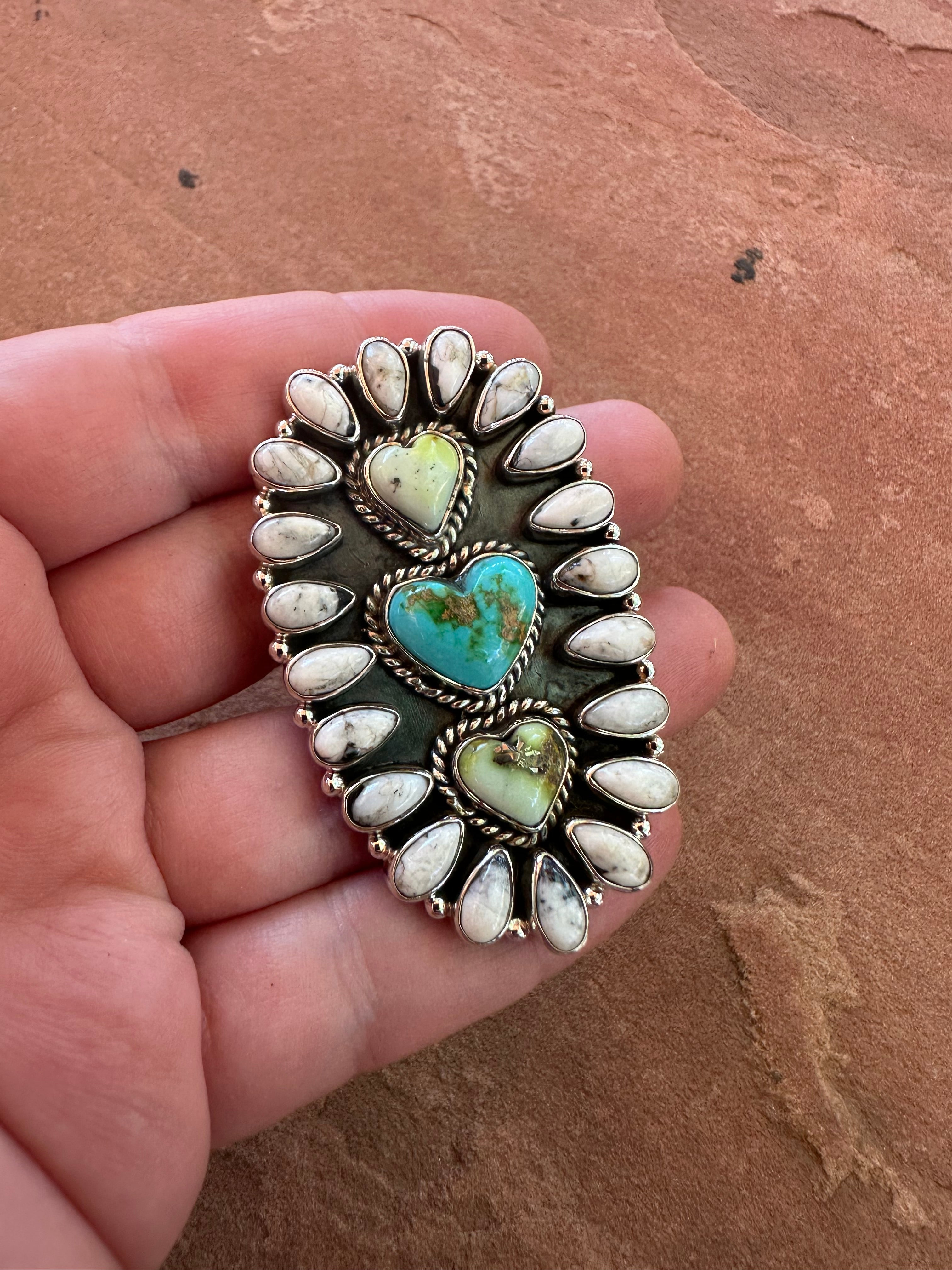 Beautiful Handmade White Buffalo, Palomino Turquoise, Turquoise And Sterling Silver Adjustable Heart Ring