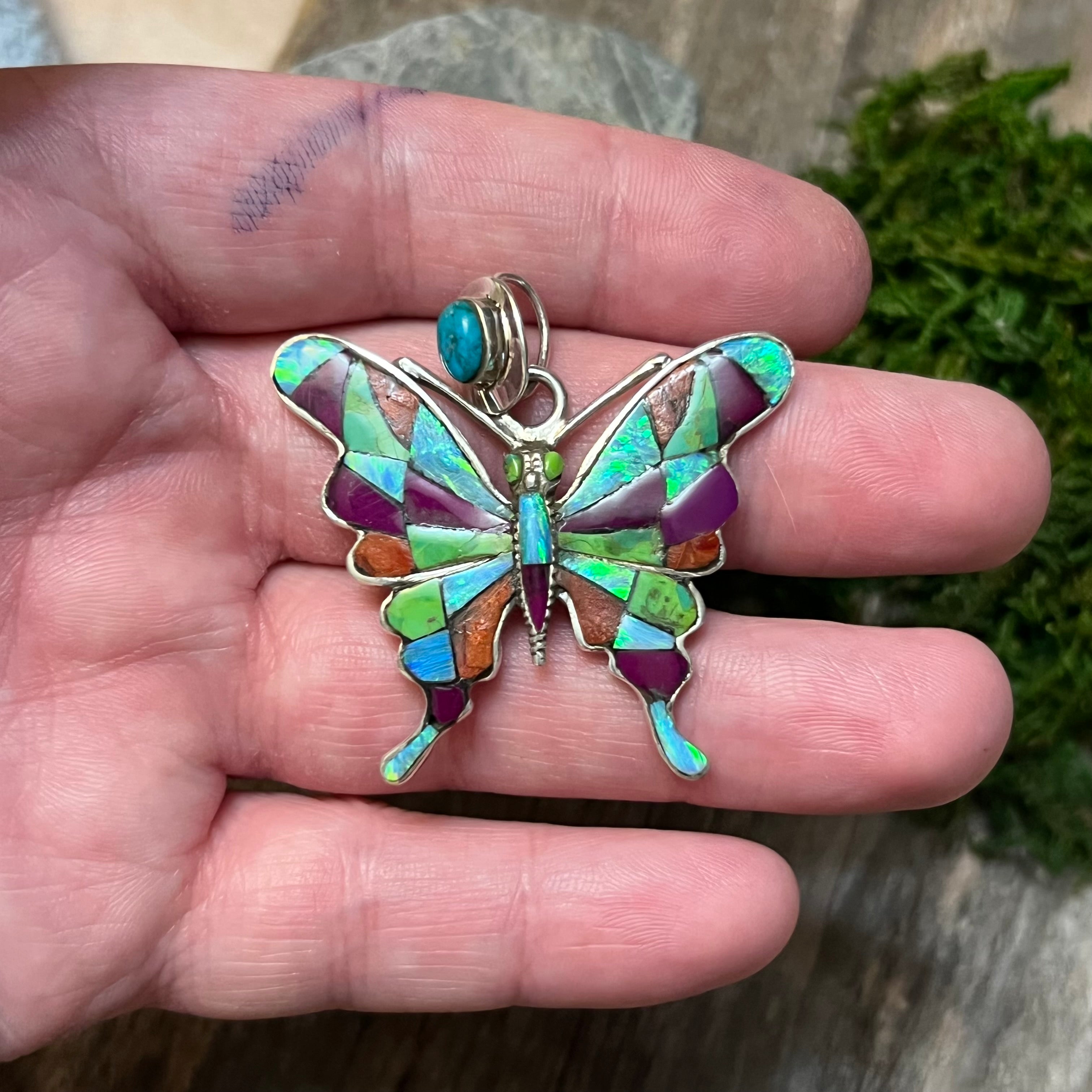 Handmade Sterling Silver Multi Stone Inlay Turquoise Butterfly Pendant