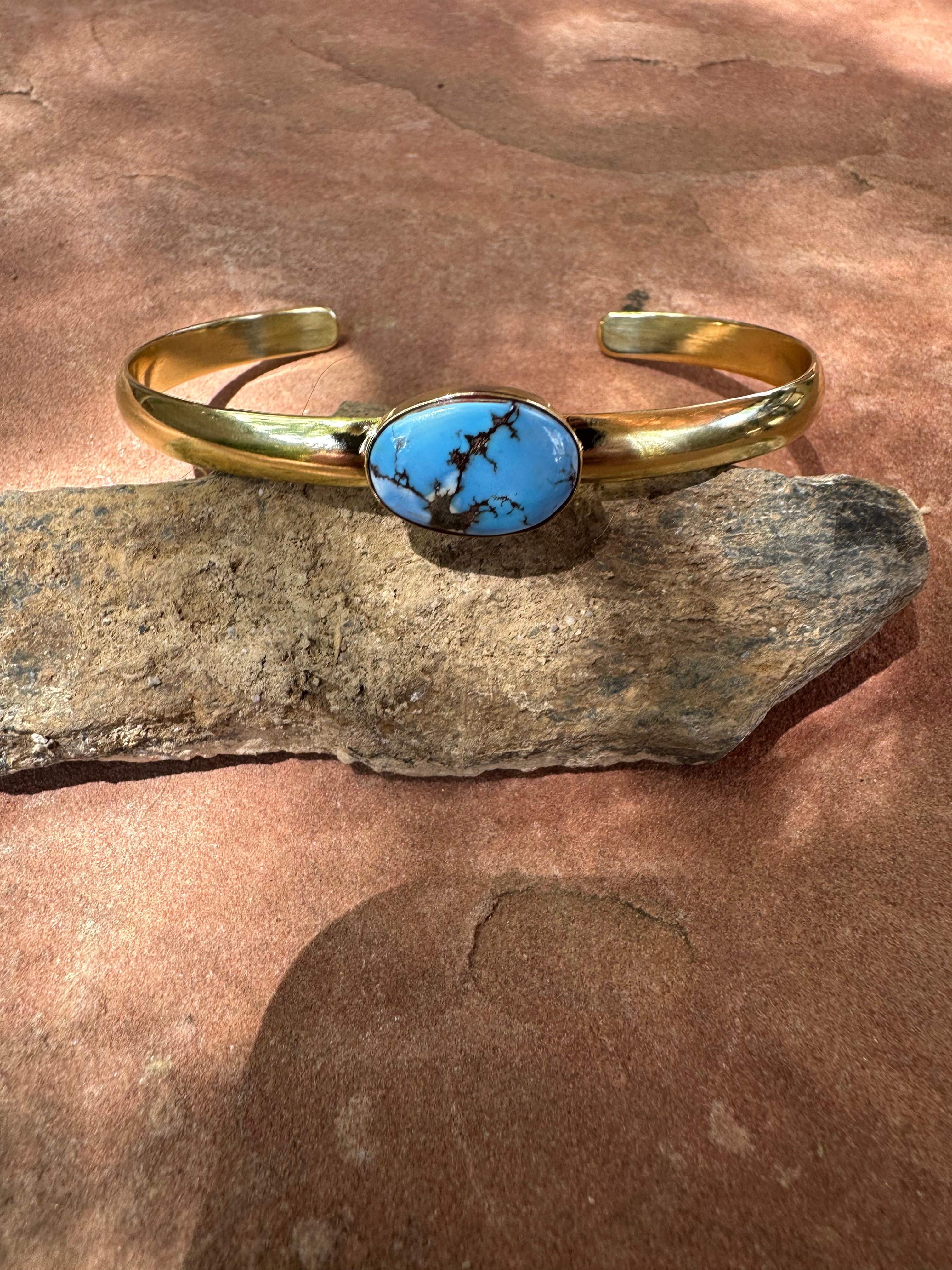 “The Golden Collection” Desert Winds Handmade Natural Golden Hills Turquoise 14k Gold Plated Adjustable Bracelet Cuff Style 1