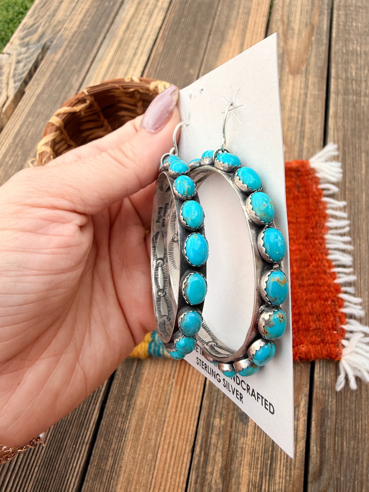 Handcrafted Turquoise & Sterling Silver Dangle Hoop Earrings by Russell Sam