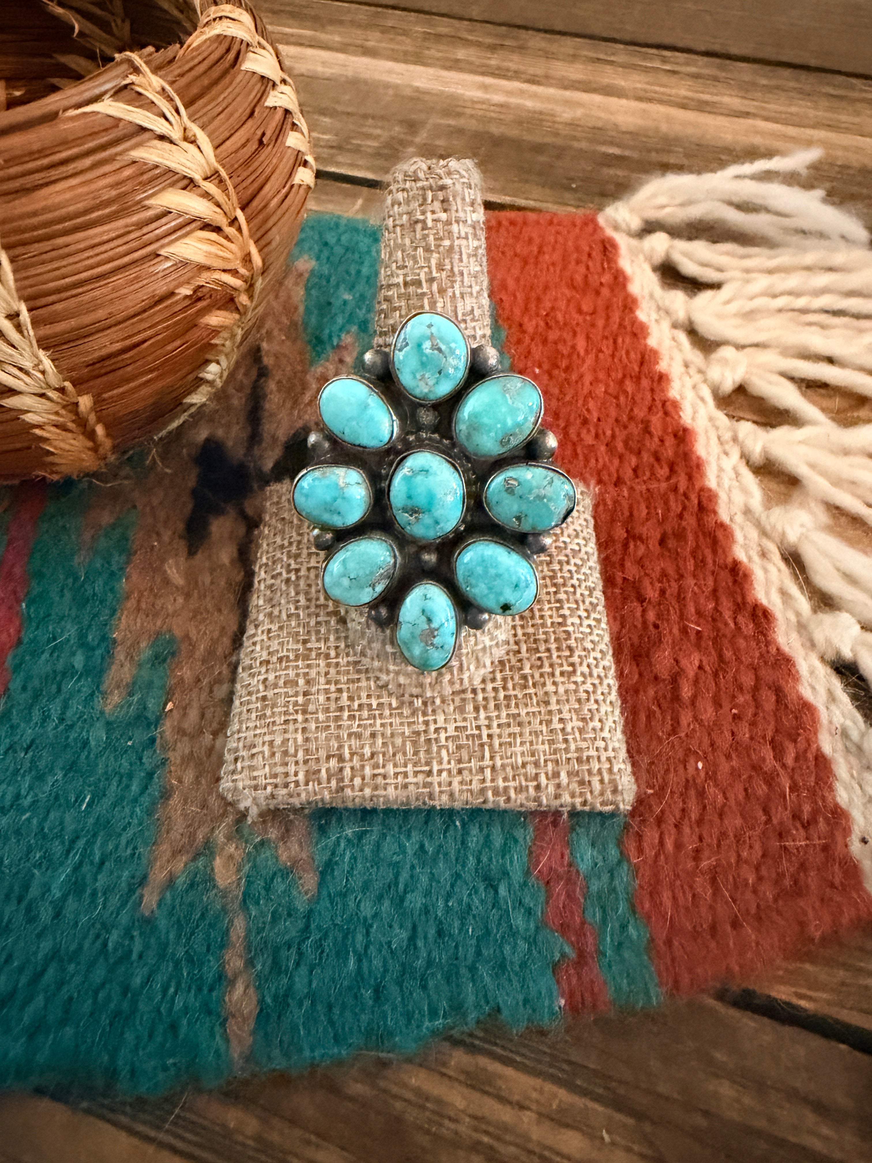 Handcrafted Turquoise & Sterling Silver Cluster Ring by Sheila Becenti Size 9.5