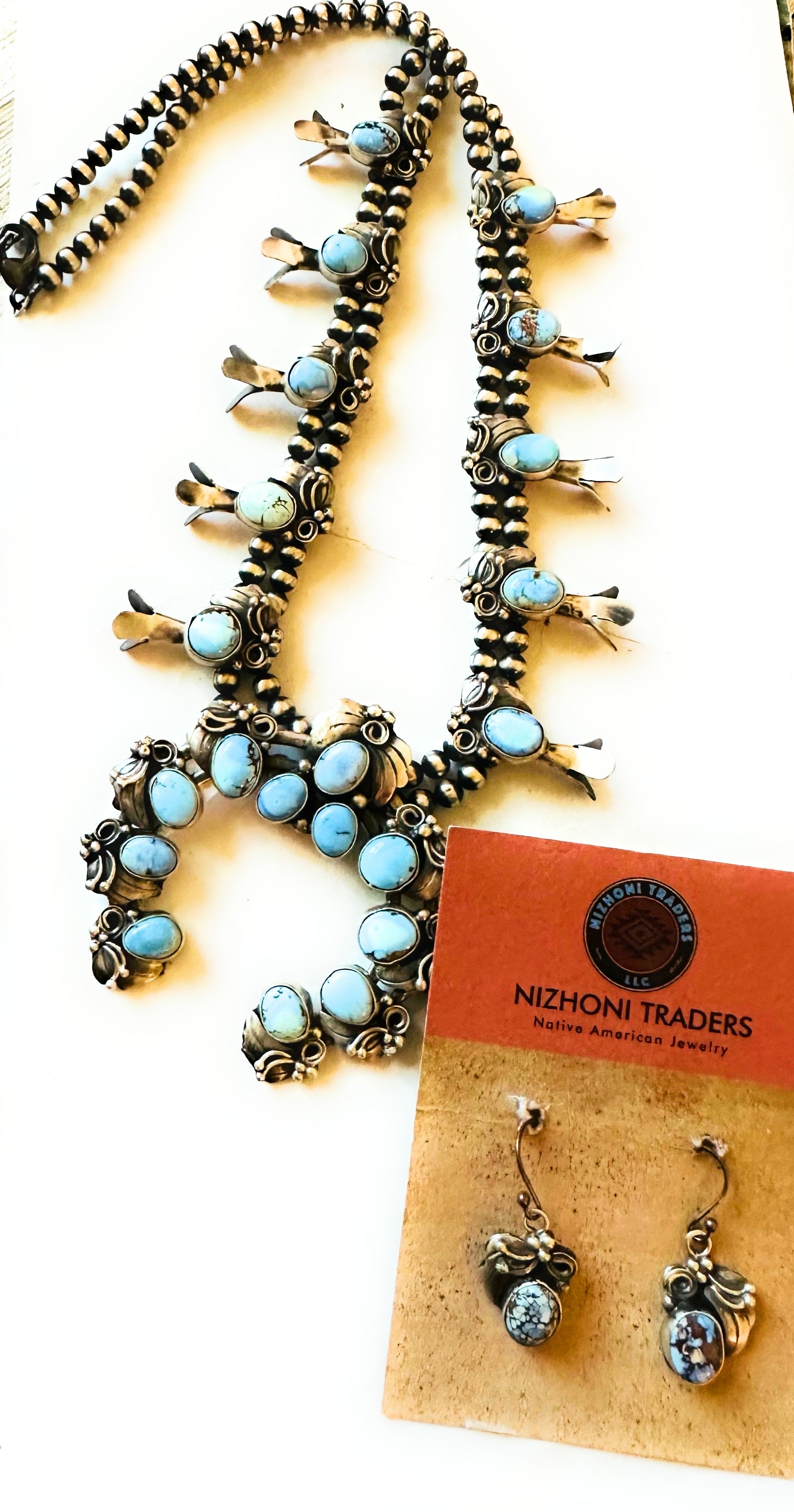 Navajo Golden Hills Turquoise & Sterling Silver Squash Blossom Necklace Set