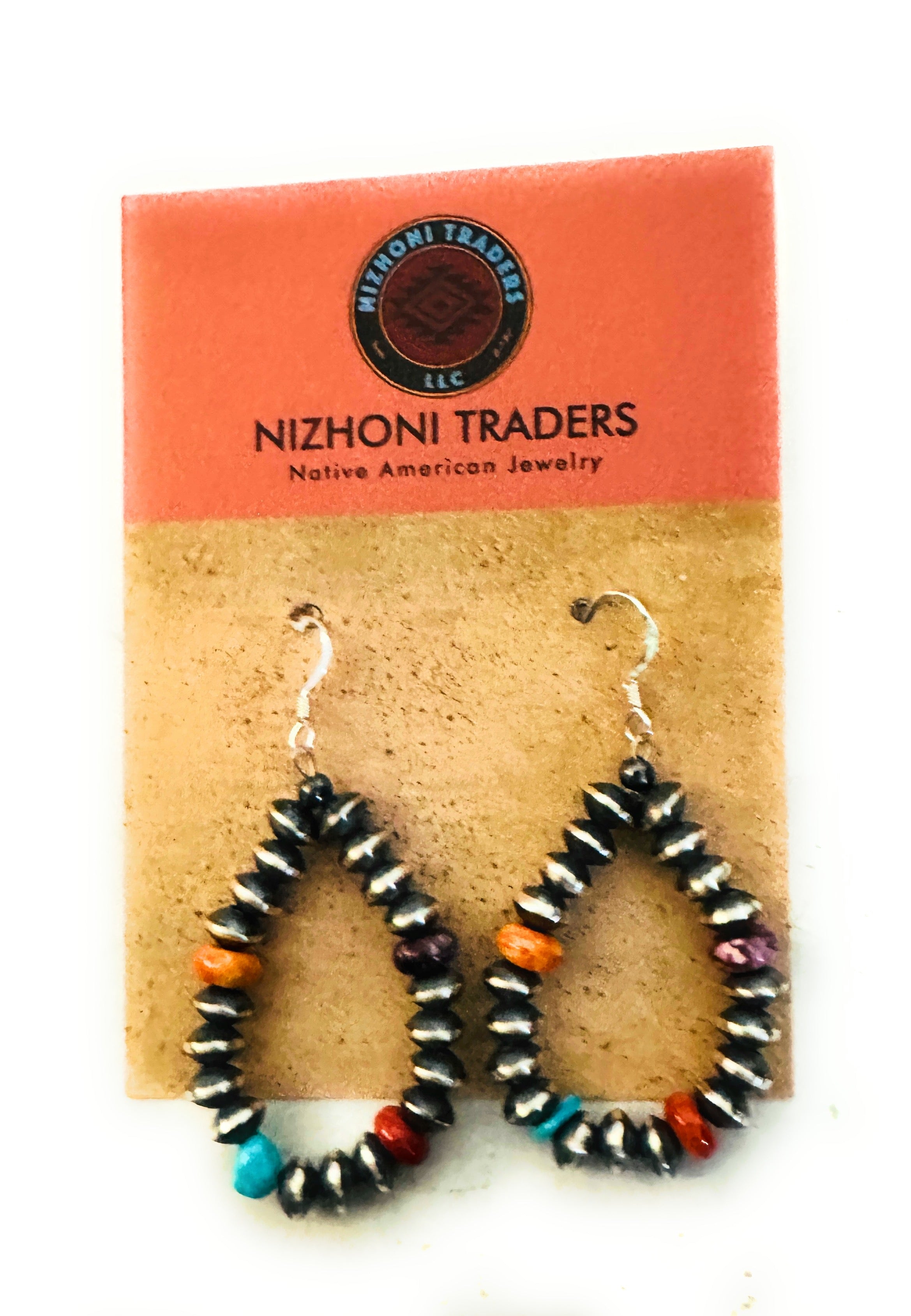 Navajo Multi Stone & Sterling Silver Beaded Hoop Earrings