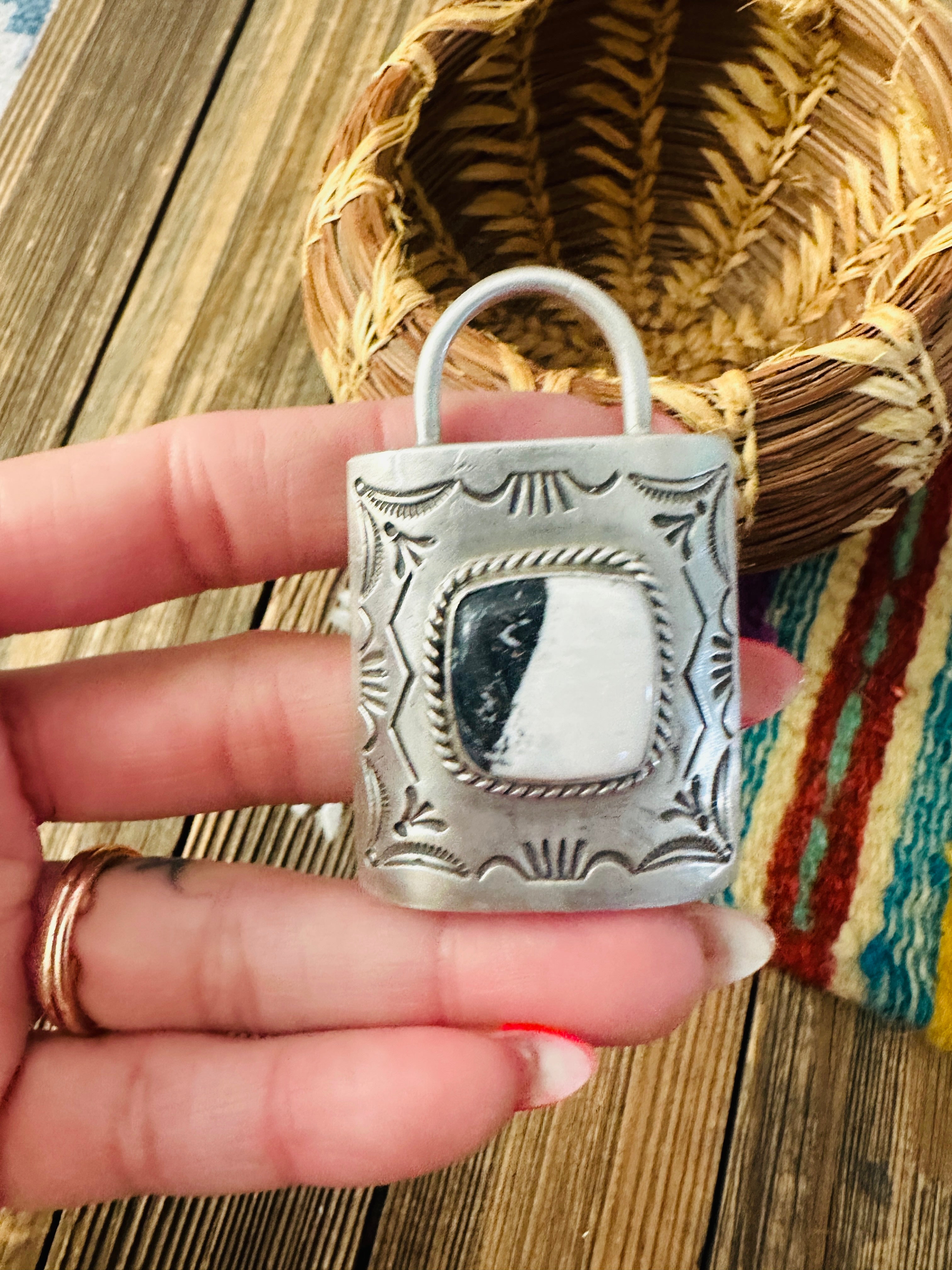 Handcrafted White Buffalo & Sterling Silver Locket Style Pendant by Charles Johnson