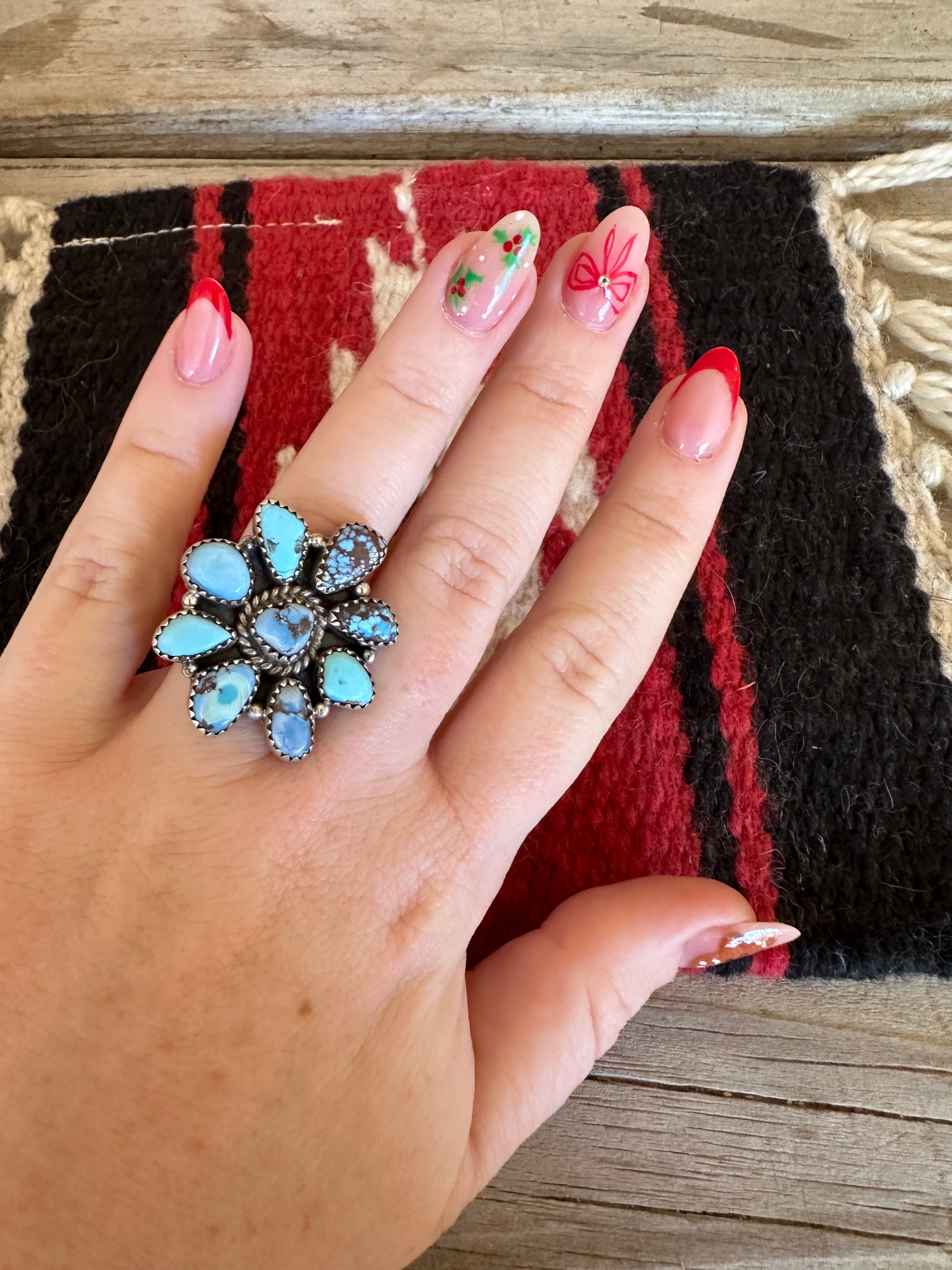 Handmade Golden Hills Turquoise And Sterling Silver Adjustable Cluster Ring